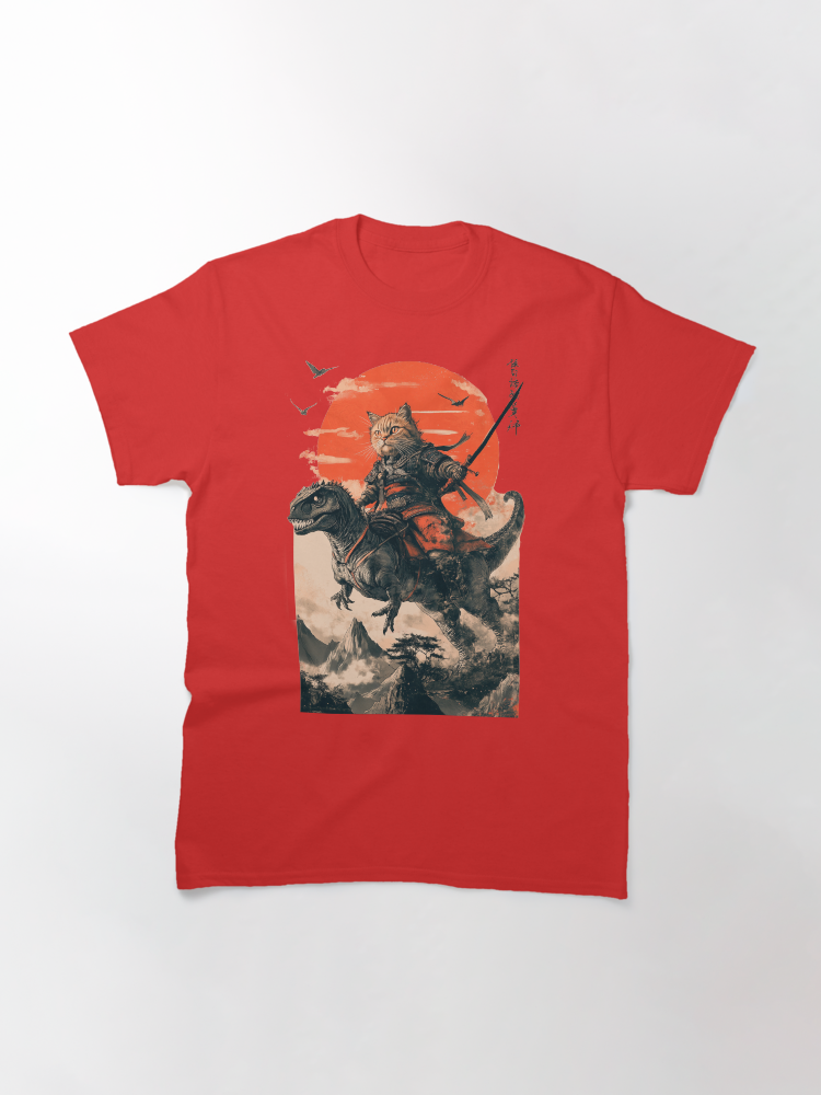 Samurai cat riding a dinosaur Classic T-Shirt - White Fox Boutique