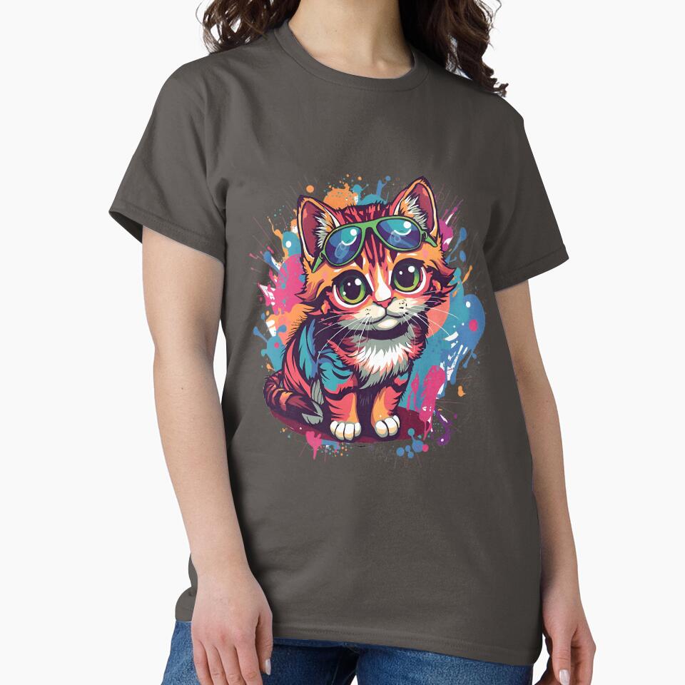 Cute Cat Illustration Aesthetic Style Classic T-Shirt - White Fox Boutique