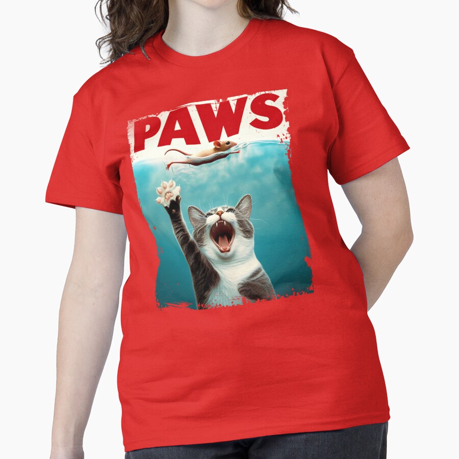 Jaws - Paws, funny cat catching a mouse Classic T-Shirt - White Fox Boutique