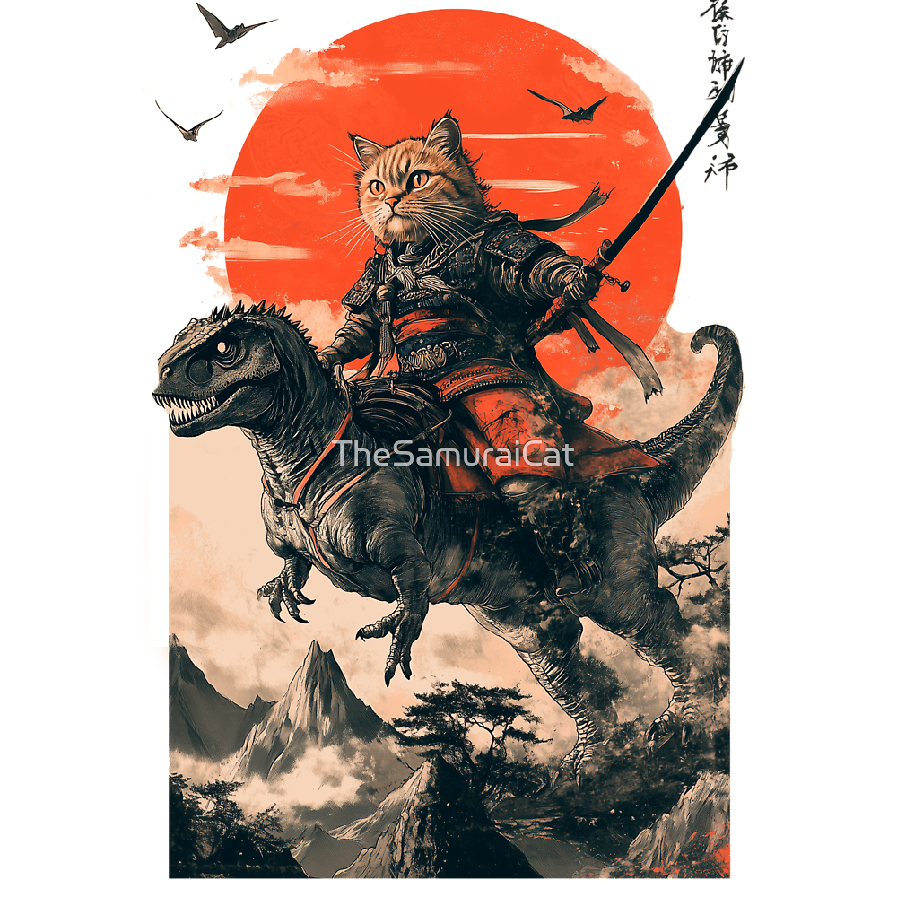 Samurai cat riding a dinosaur Classic T-Shirt - White Fox Boutique