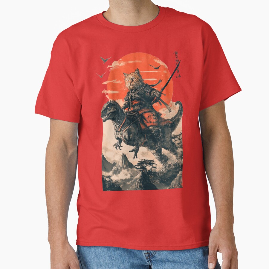 Samurai cat riding a dinosaur Classic T-Shirt - White Fox Boutique