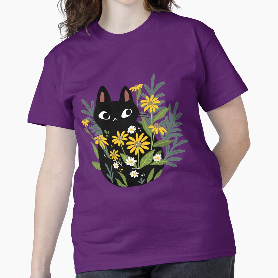 Black cat with flowers Classic T-Shirt - White Fox Boutique