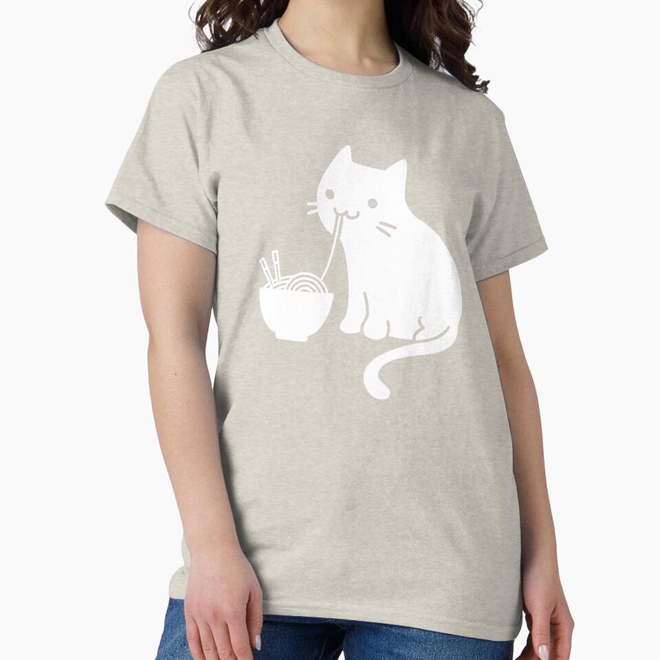 Cute Cat Eating Ramen Classic T-Shirt - White Fox Boutique