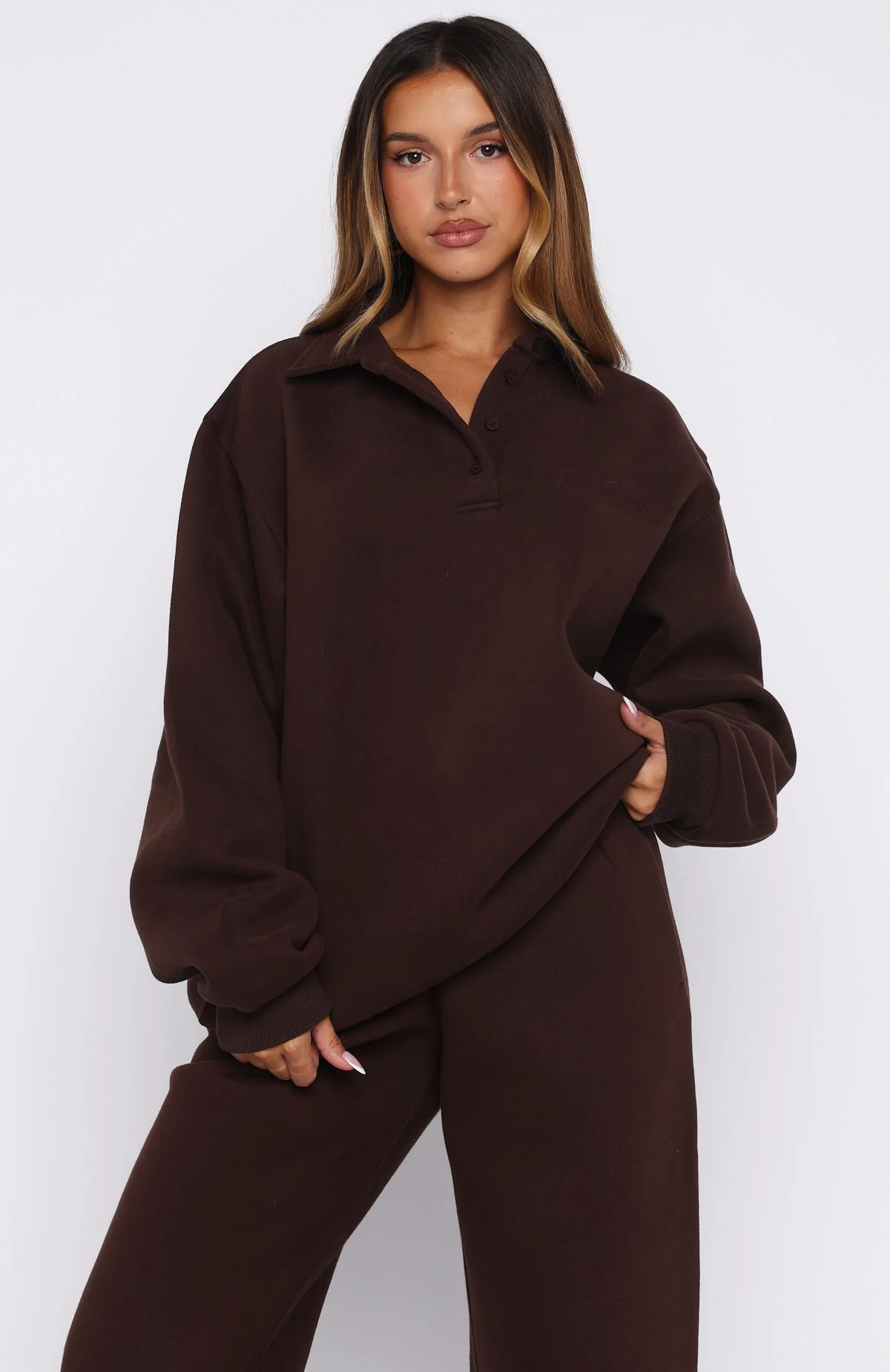 Chill Moves Oversized Henley Sweater Chocolate - White Fox Boutique