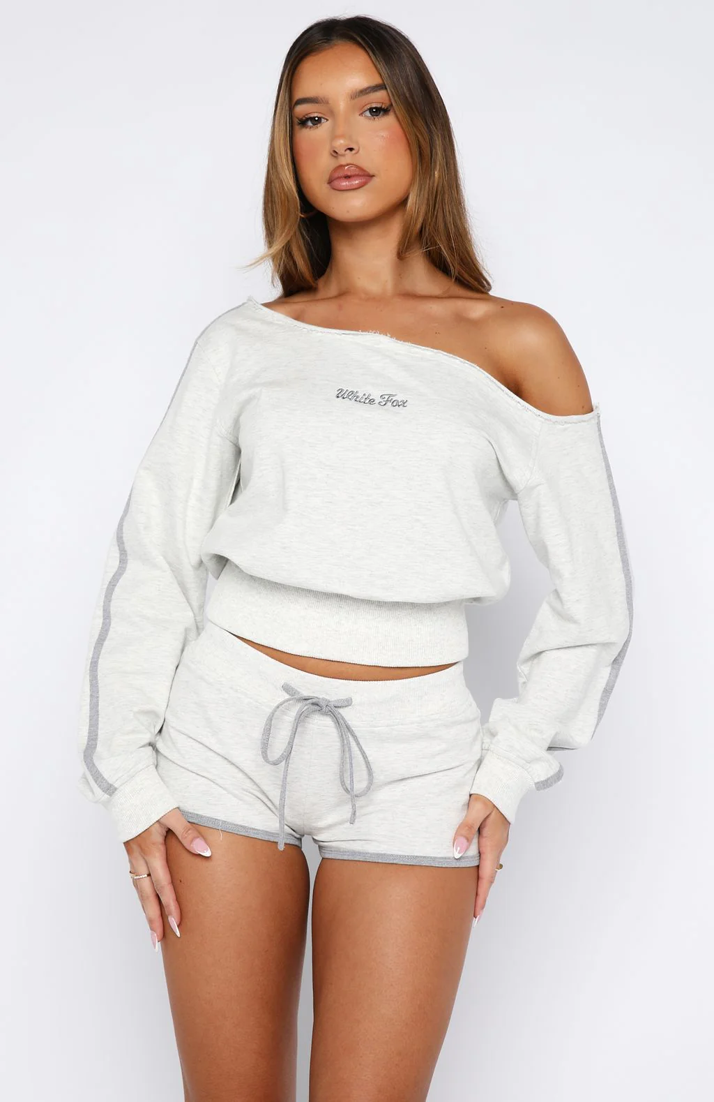 High Roller Off Shoulder Long Sleeve Sweater Grey Marle - White Fox Boutique