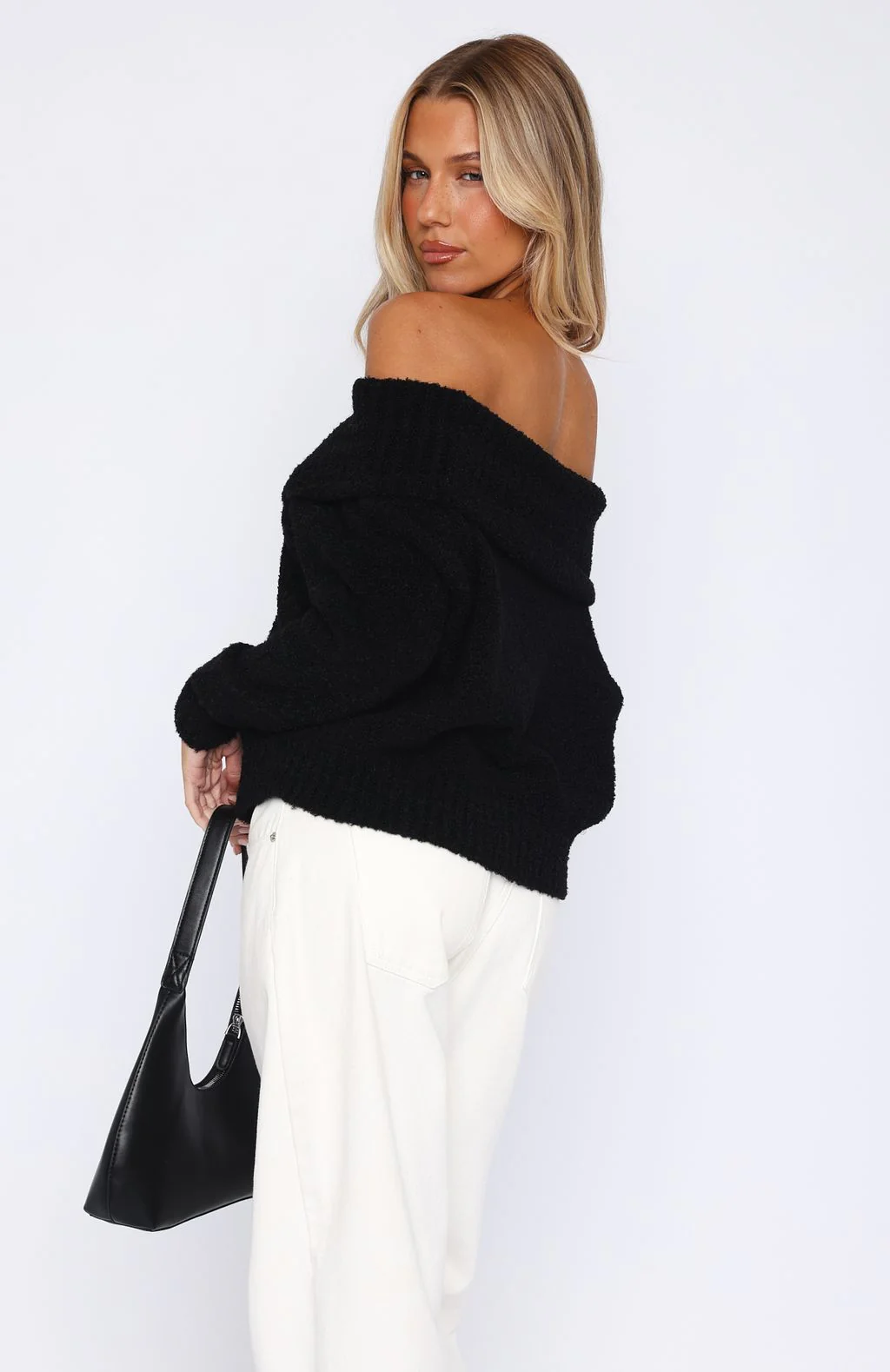 You Don't Need Me Off Shoulder Knit Sweater Black - White Fox Boutique