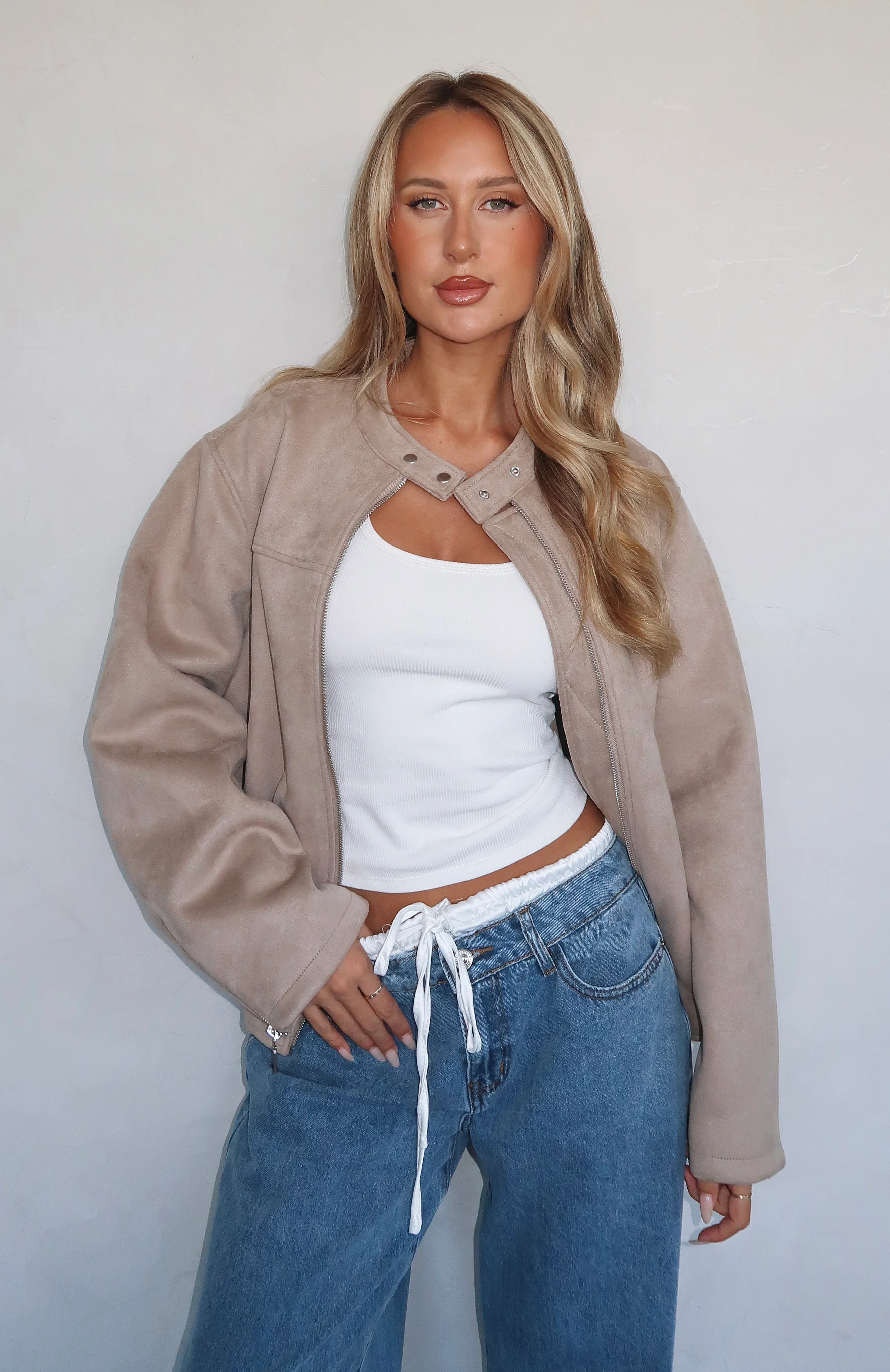 Watchin' Out Faux Suede Bomber Jacket Sand - White Fox Boutique