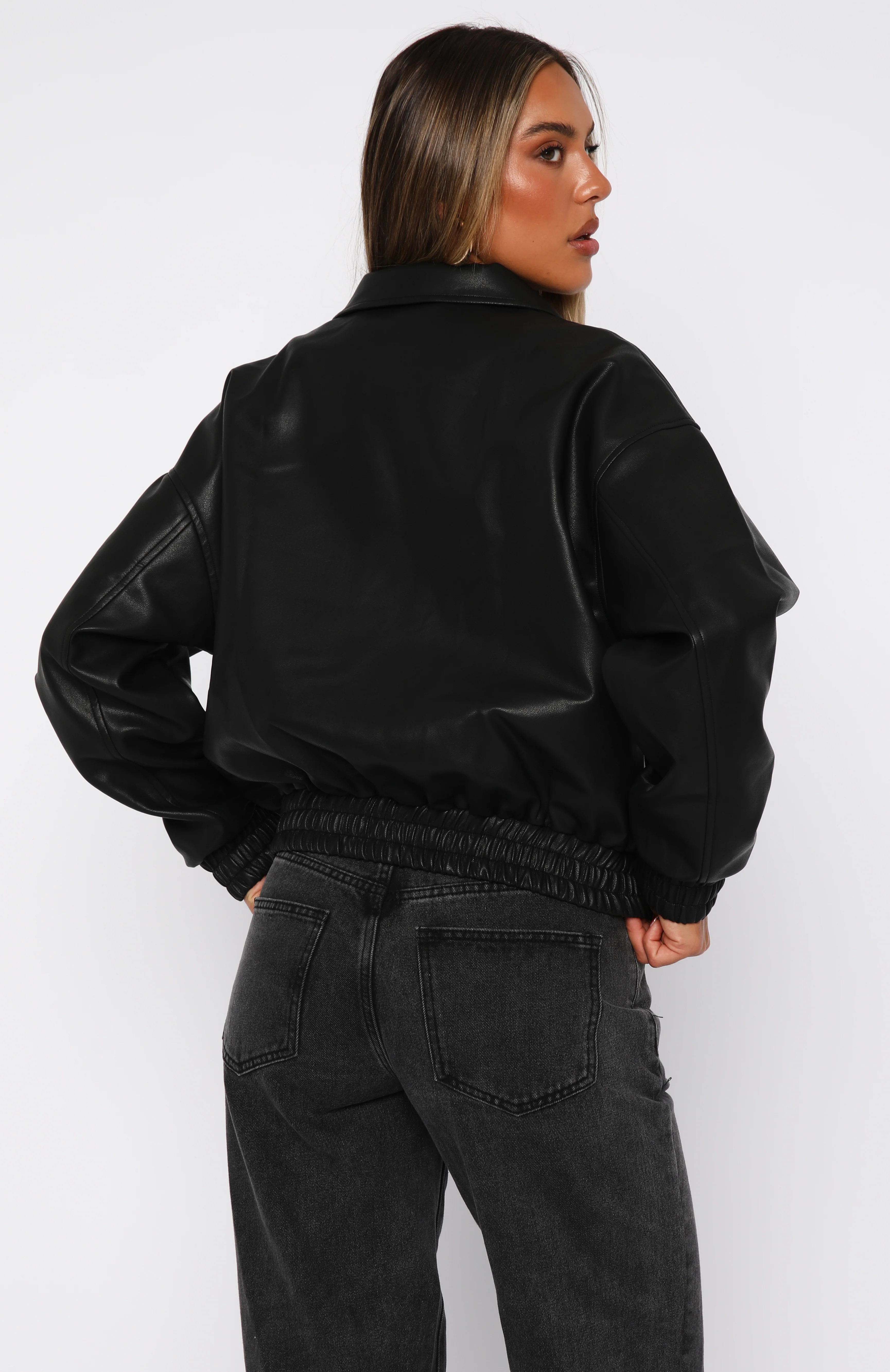 Might Cause Trouble PU Bomber Jacket Black - White Fox Boutique