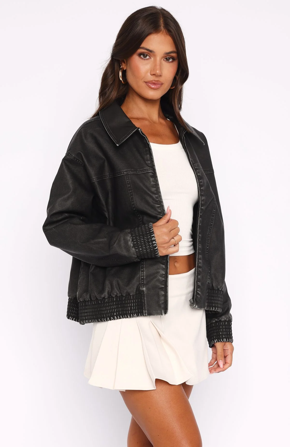 Make Things Right PU Bomber Jacket Washed Black - White Fox Boutique