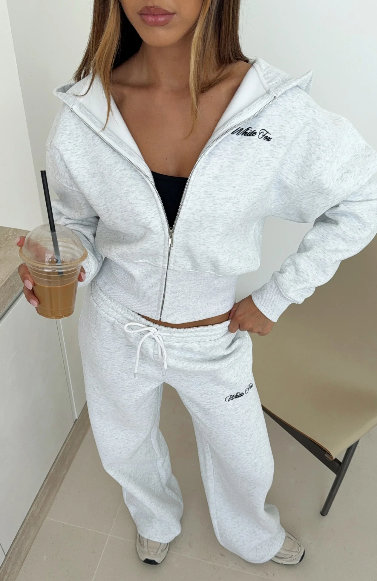 Wishing For It Cropped Cinched Zip Front Hoodie Grey Marle - White Fox Boutique