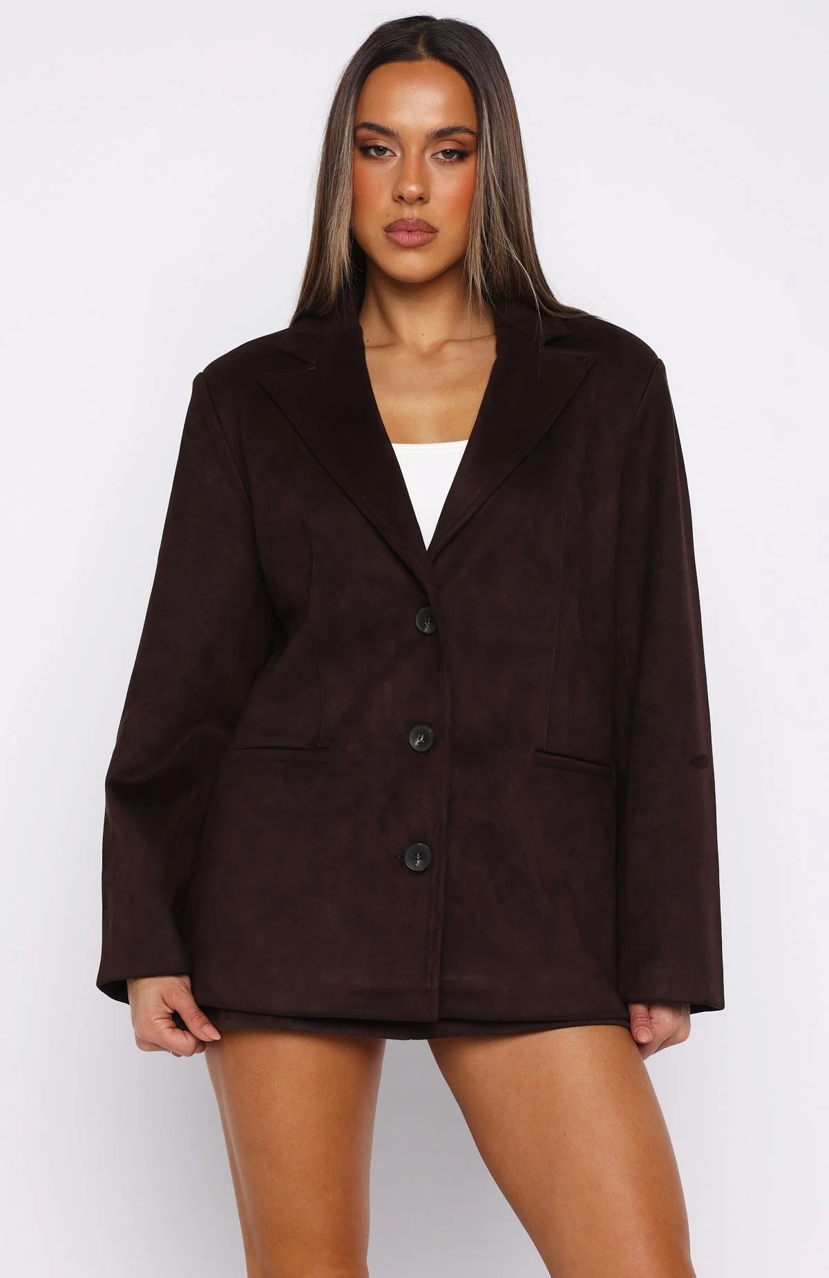 Rival Faux Suede Blazer Chocolate - White Fox Boutique