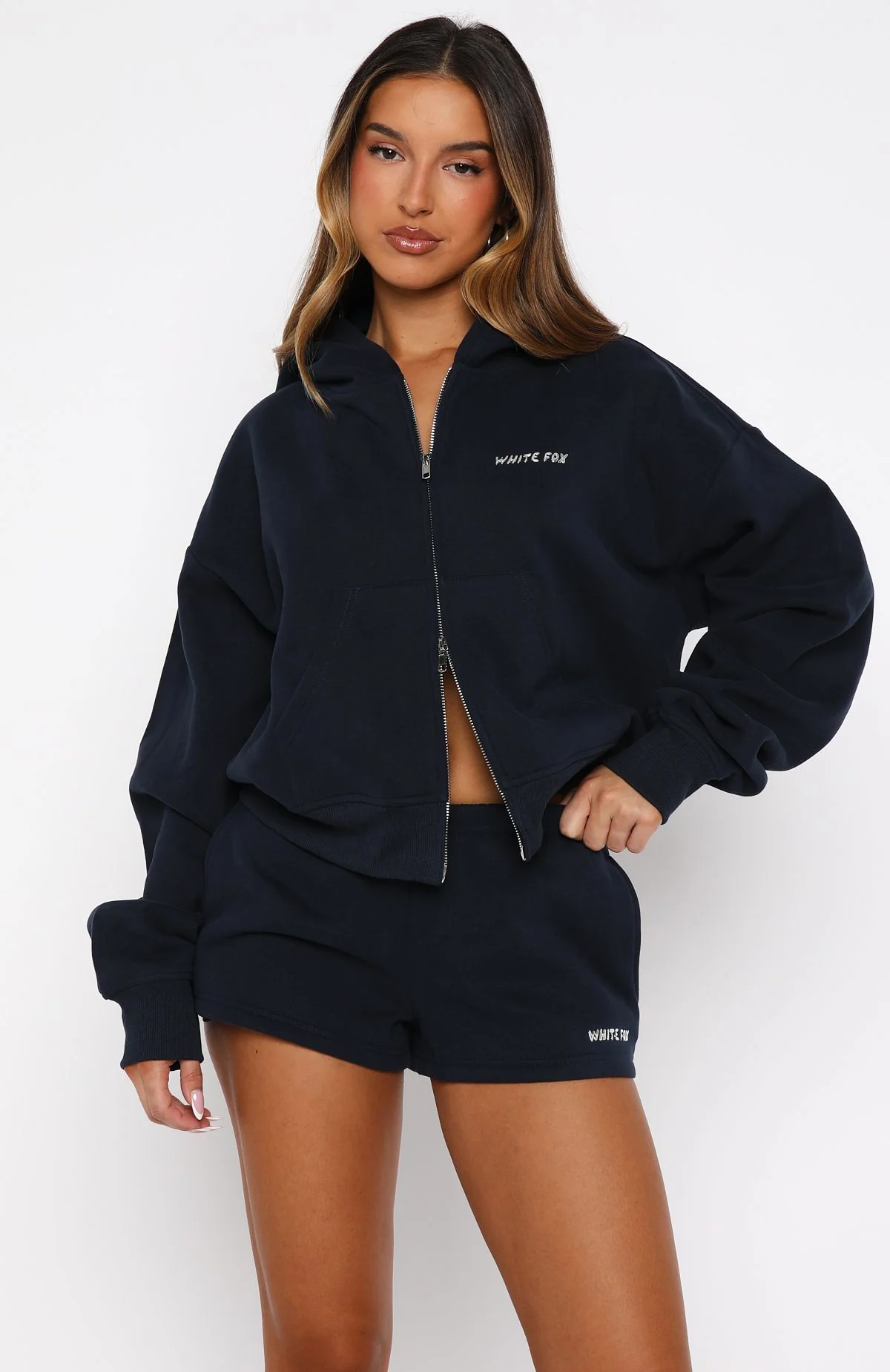 Test Drive Boxy Zip Front Hoodie Dark Navy - White Fox Boutique