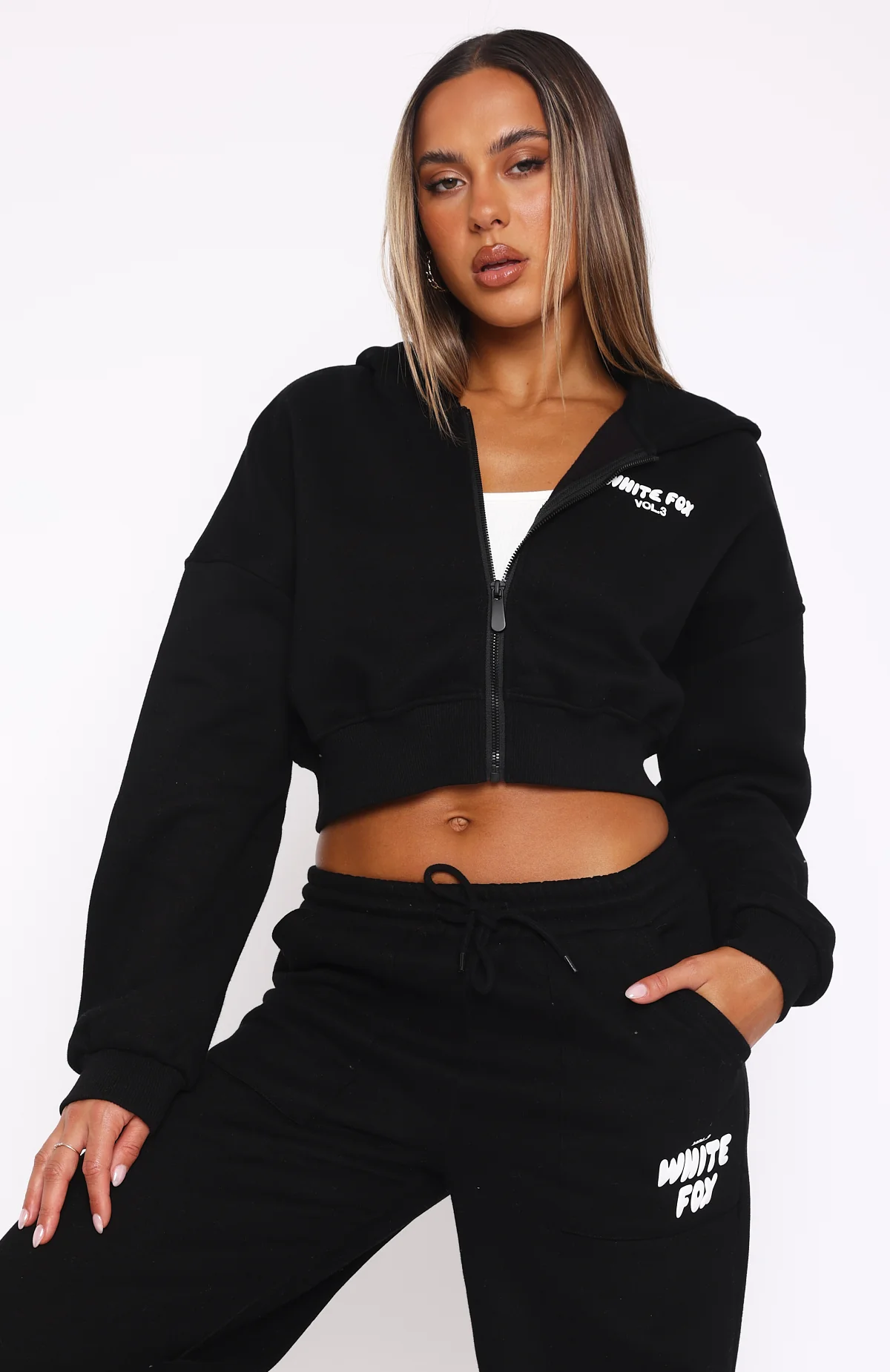 Offstage Cropped Zip Hoodie Monochrome - White Fox Boutique