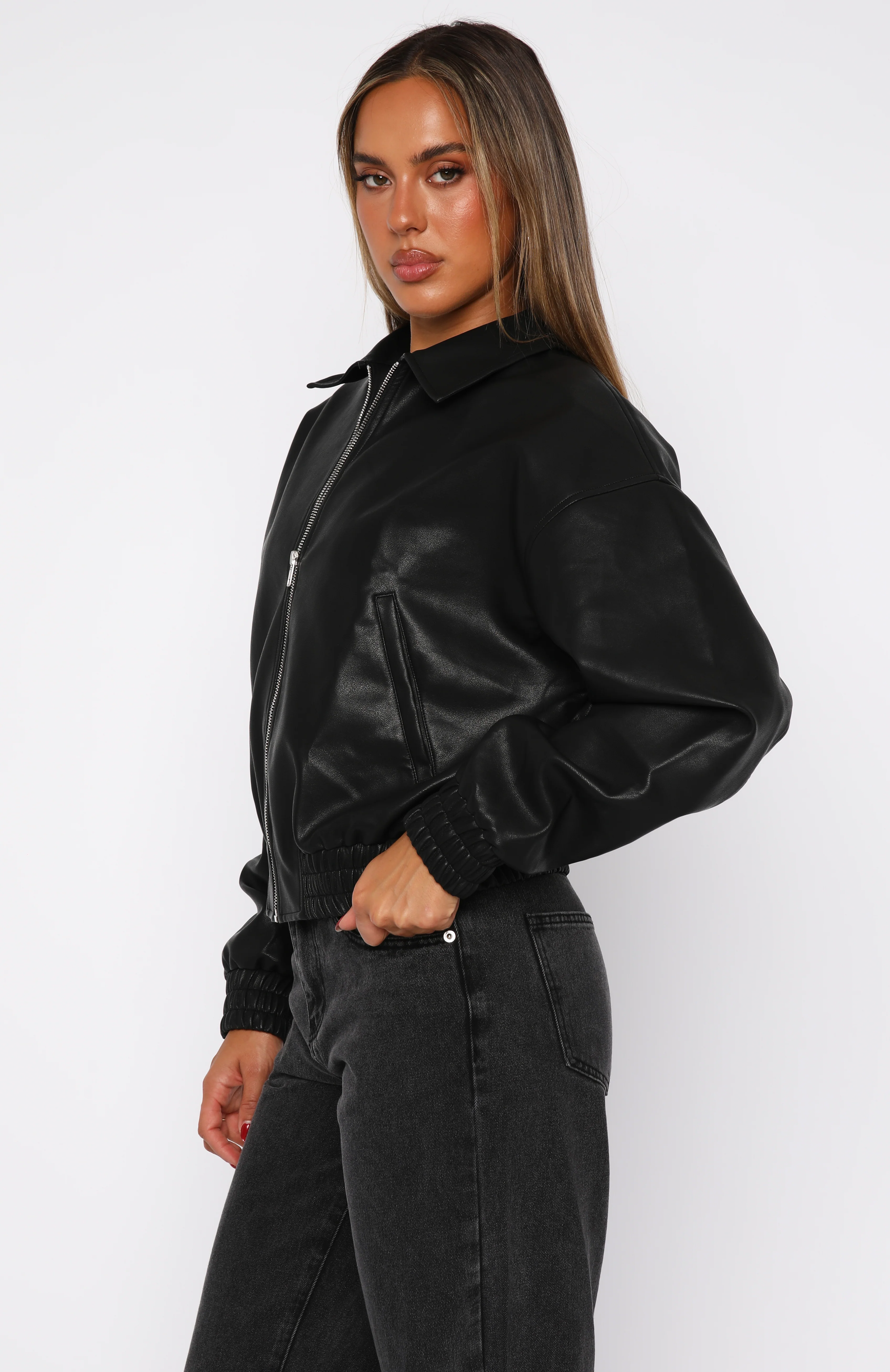 Might Cause Trouble PU Bomber Jacket Black - White Fox Boutique