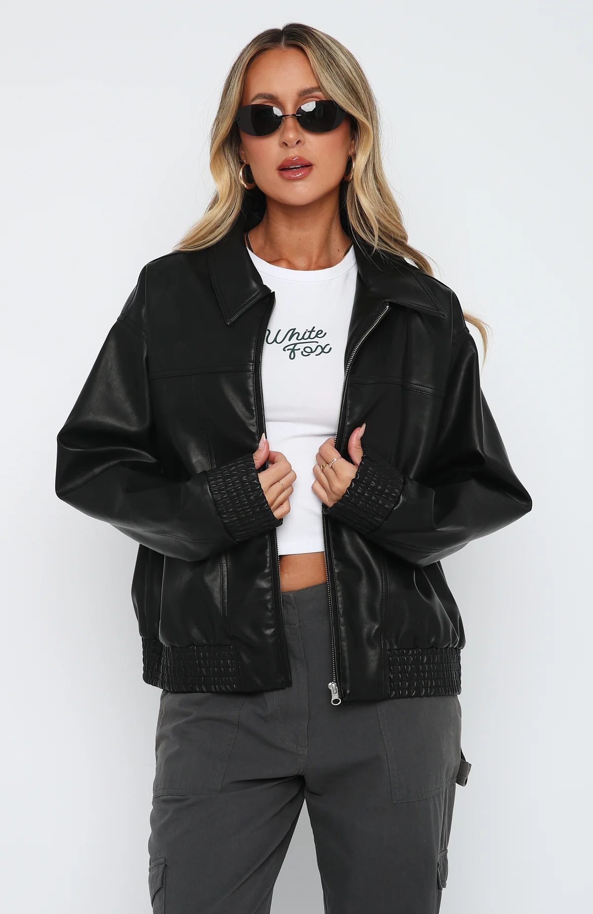 Make Things Right PU Bomber Jacket Black - White Fox Boutique