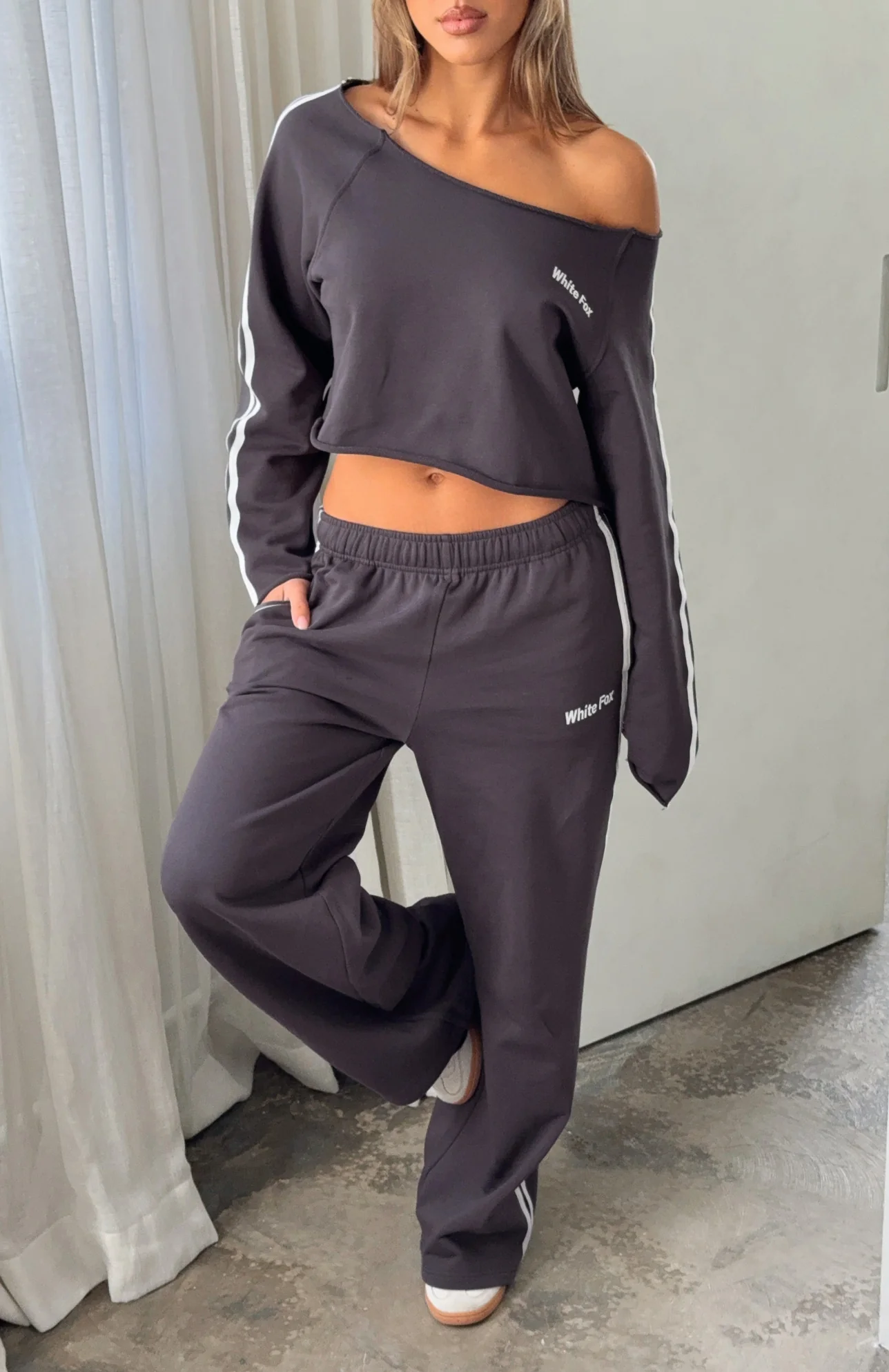 Star Student Cropped Off Shoulder Sweater Charcoal - White Fox Boutique