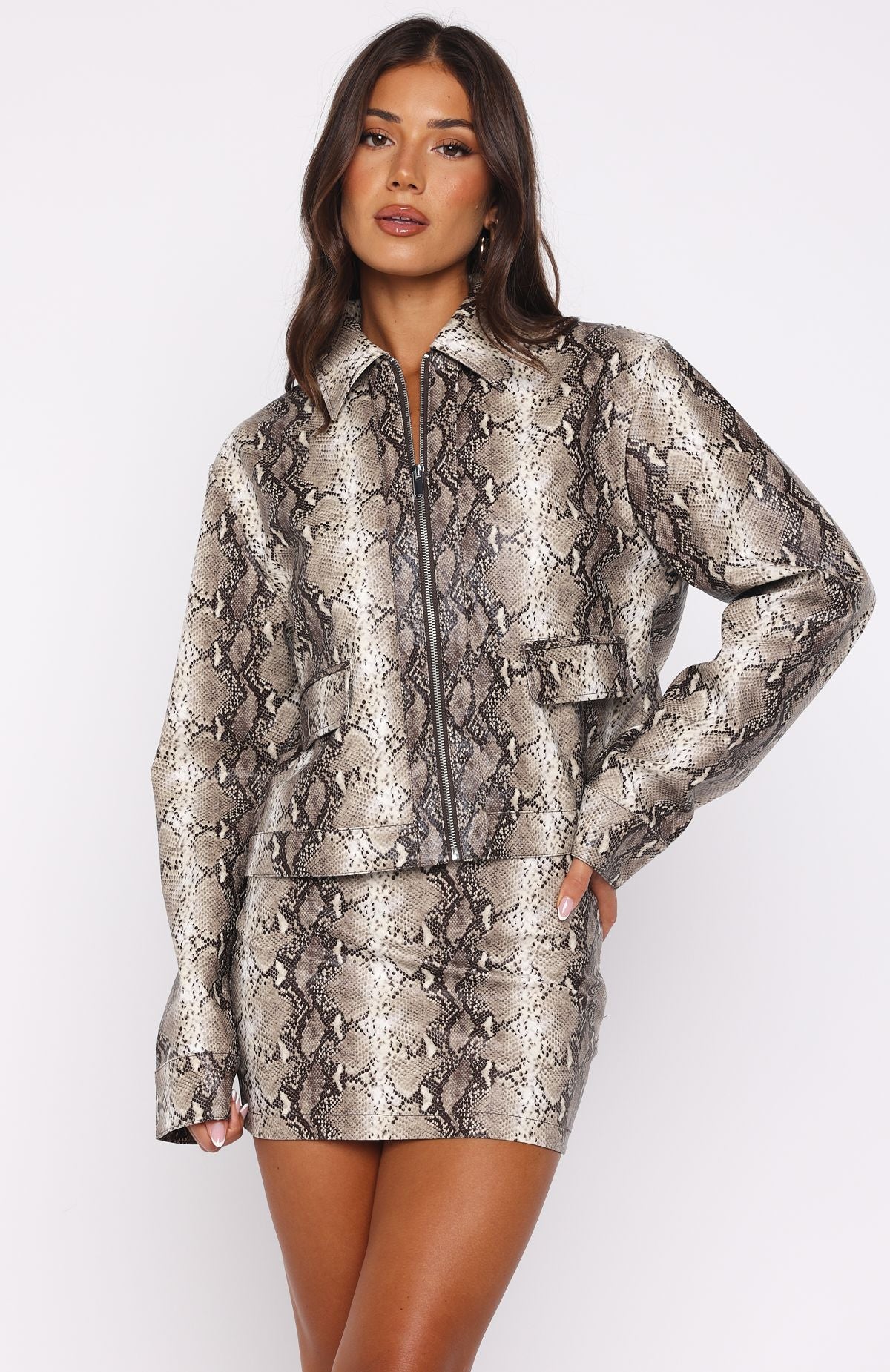 Beautiful Escape Pu Jacket Tan Snake - White Fox Boutique