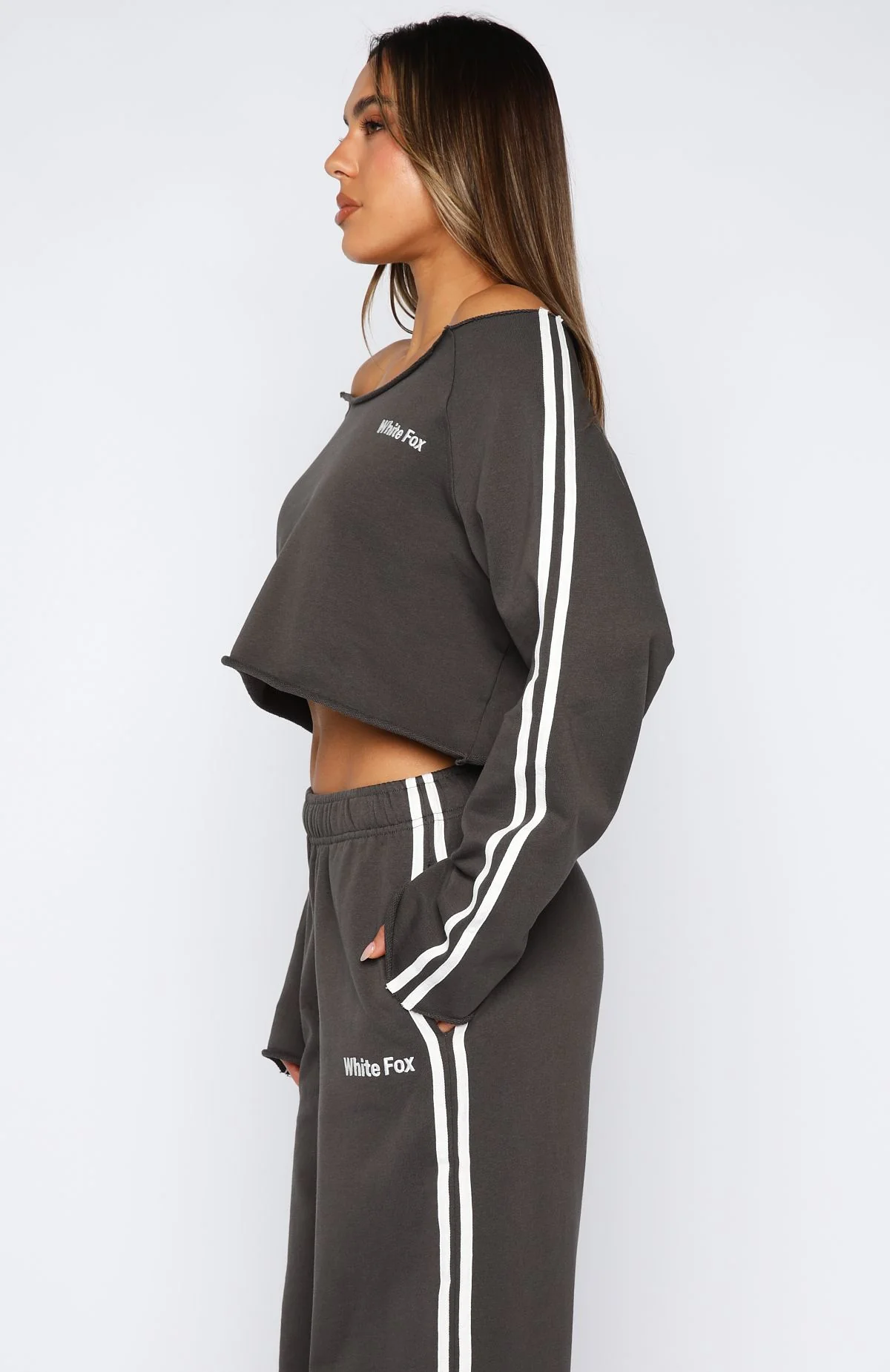 Star Student Cropped Off Shoulder Sweater Charcoal - White Fox Boutique