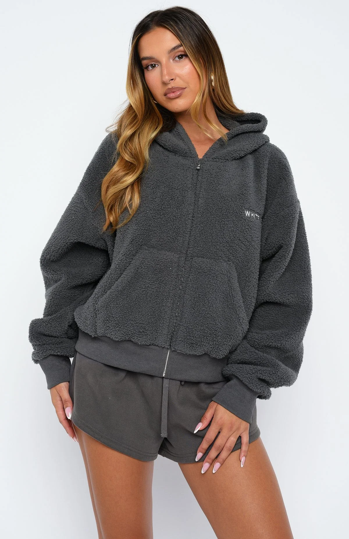 Always First Teddy Borg Boxy Zip Front Hoodie Charcoal - White Fox Boutique