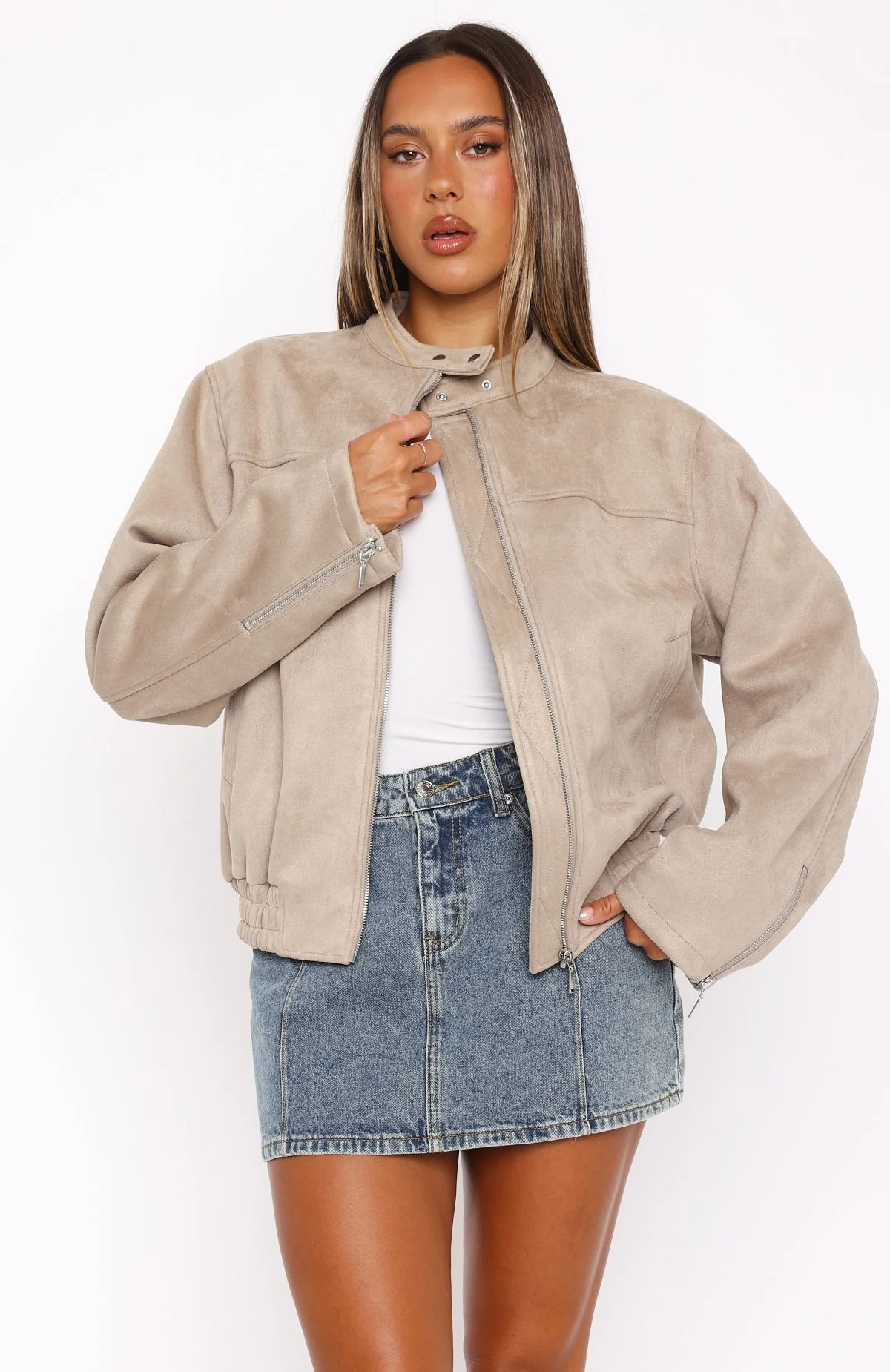Watchin' Out Faux Suede Bomber Jacket Sand - White Fox Boutique
