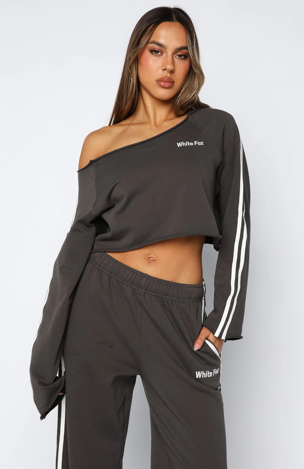 Star Student Cropped Off Shoulder Sweater Charcoal - White Fox Boutique