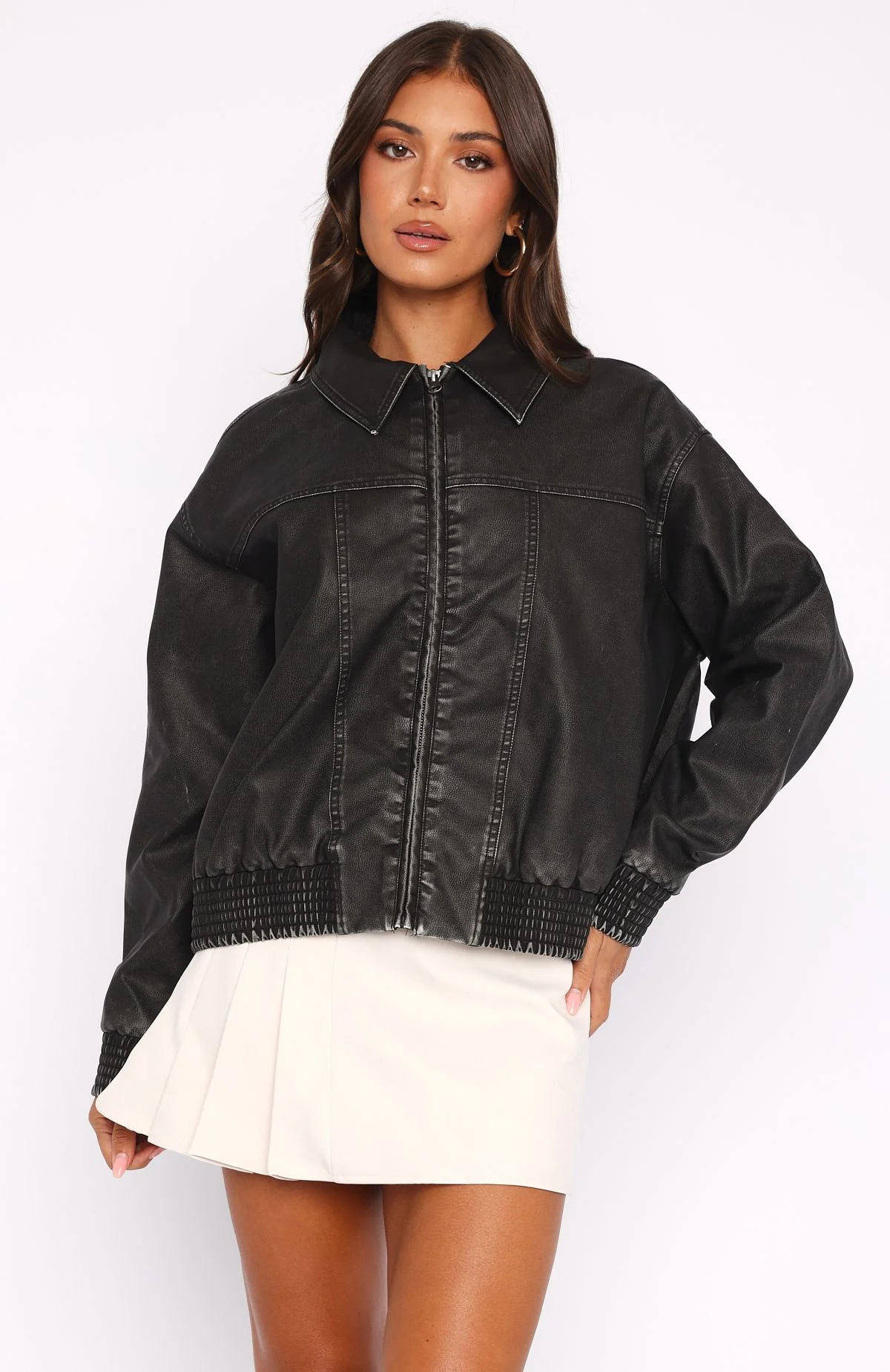 Make Things Right PU Bomber Jacket Washed Black - White Fox Boutique
