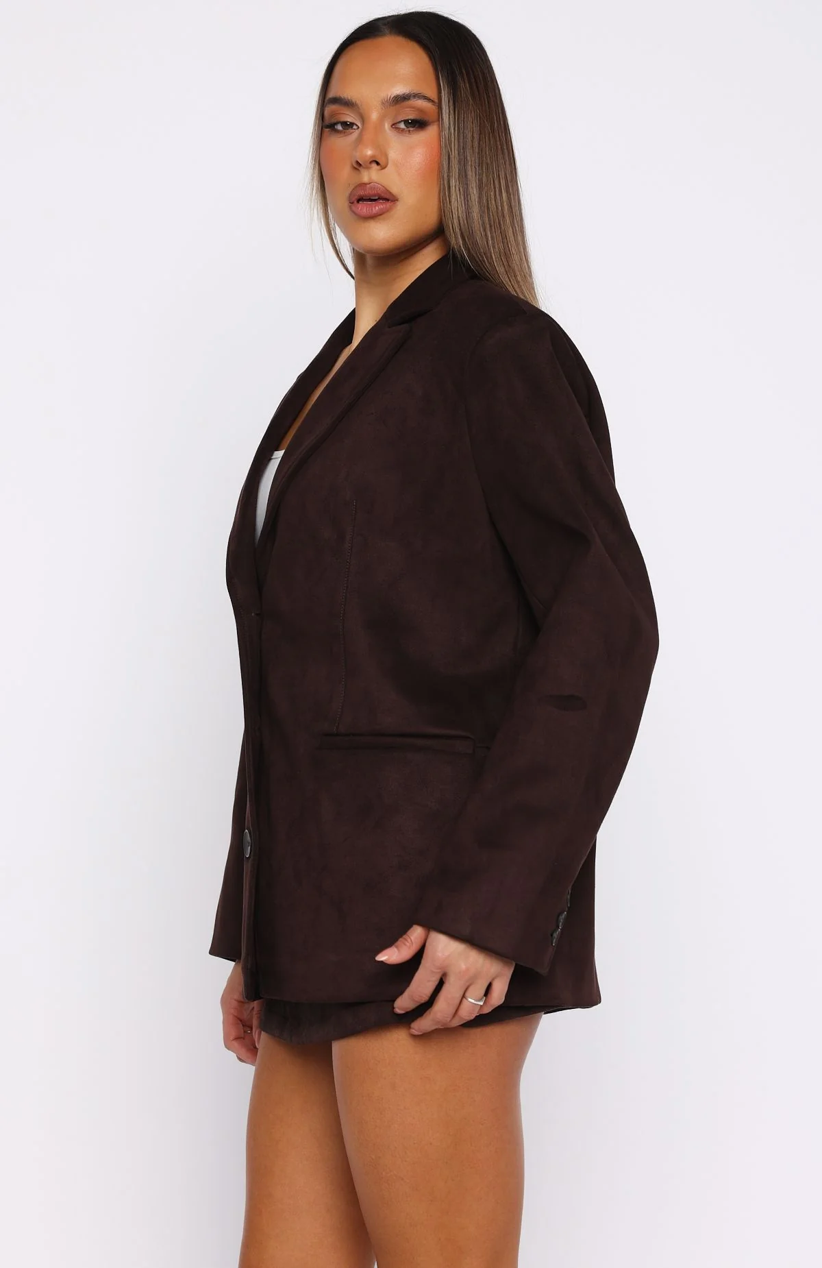 Rival Faux Suede Blazer Chocolate - White Fox Boutique