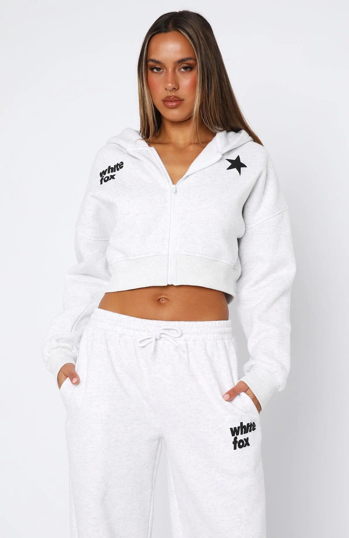 From The Archives Charli Cropped Zip Front Hoodie Grey Marle - White Fox Boutique