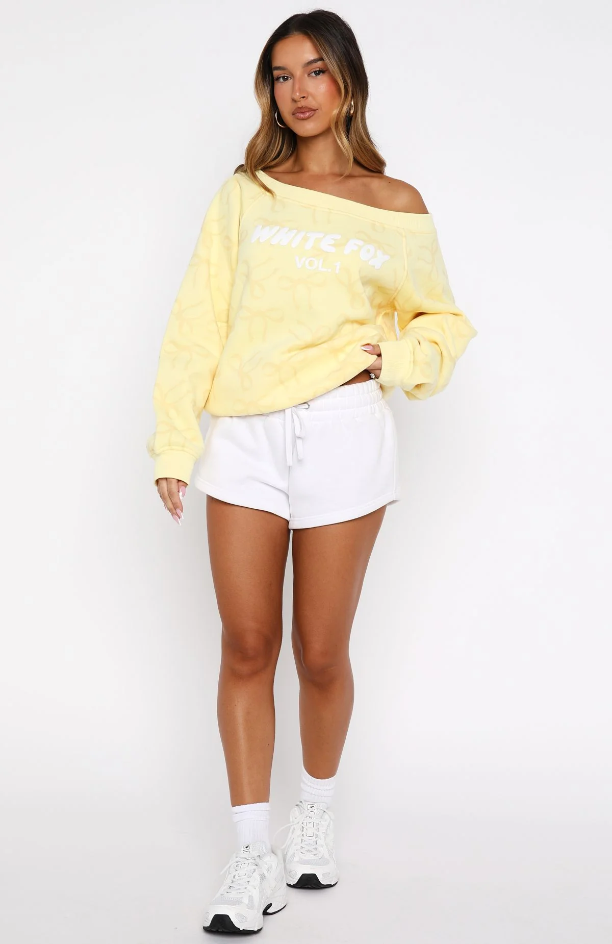 Vol. 1 Off Shoulder Printed Sweater Lemon Bow - White Fox Boutique