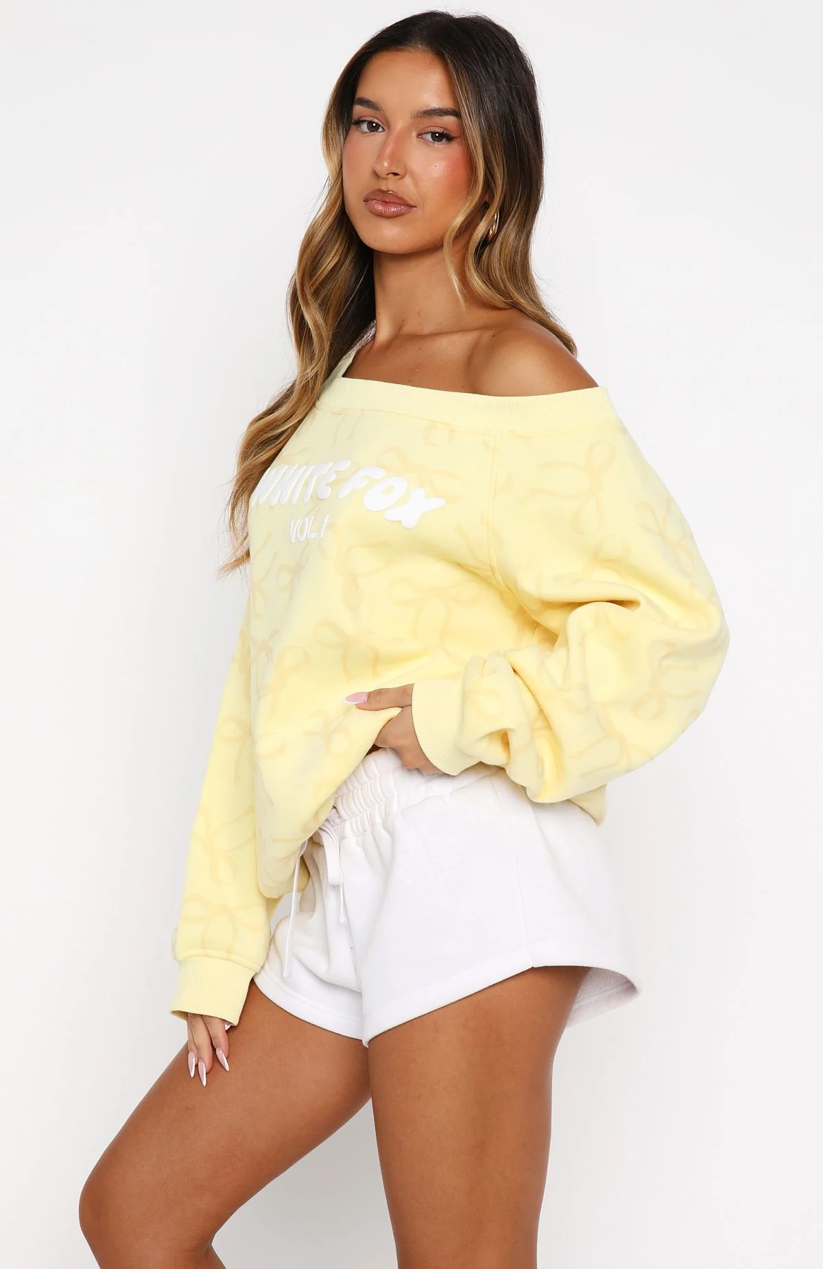Vol. 1 Off Shoulder Printed Sweater Lemon Bow - White Fox Boutique