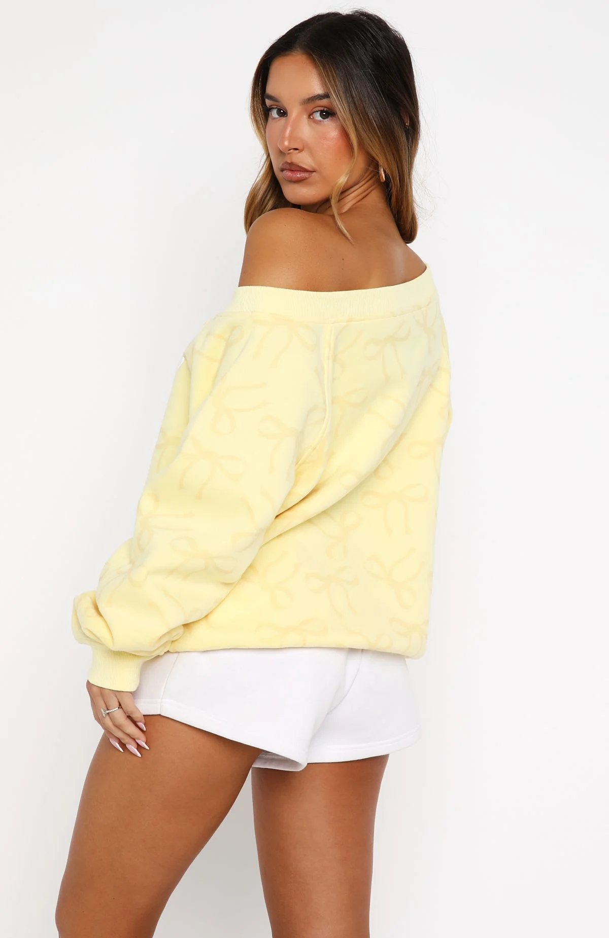 Vol. 1 Off Shoulder Printed Sweater Lemon Bow - White Fox Boutique