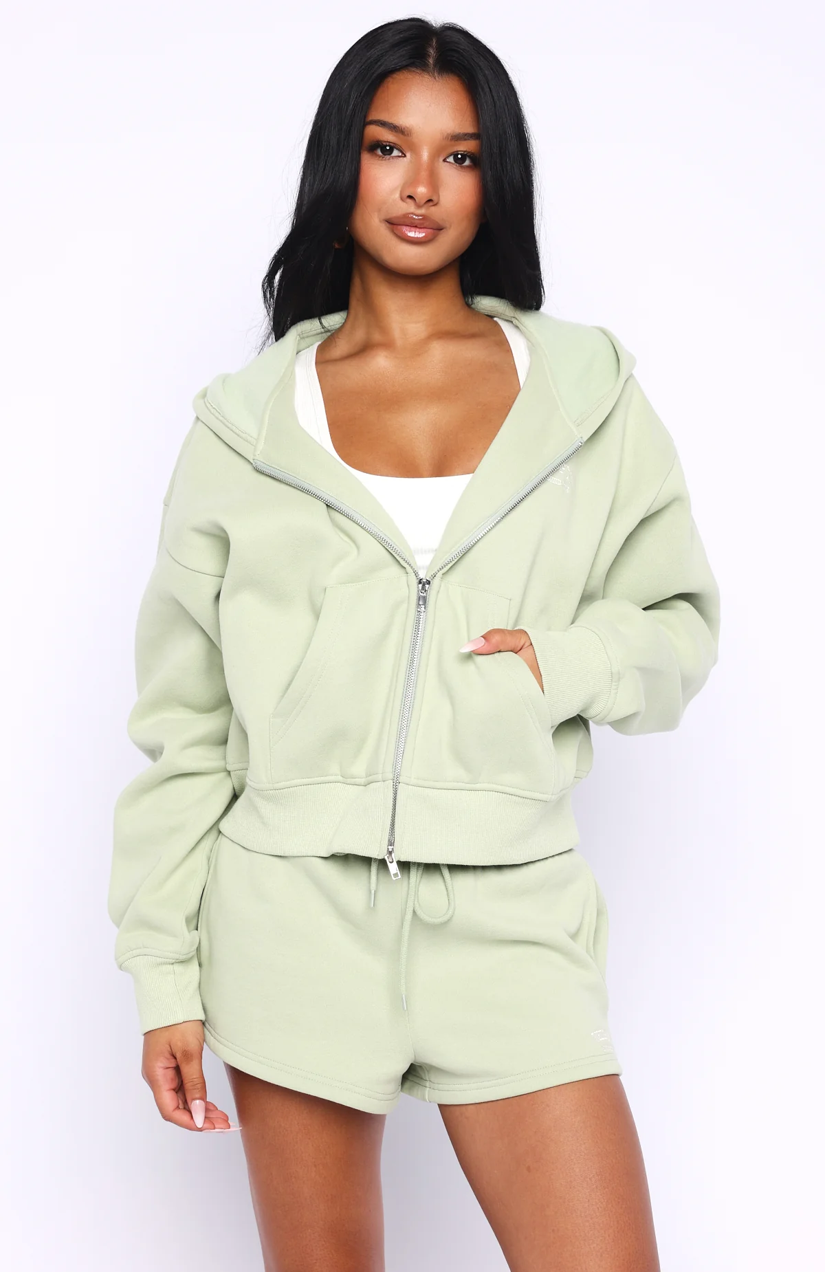 Can't Miss It Boxy Zip Front Hoodie Sage - White Fox Boutique