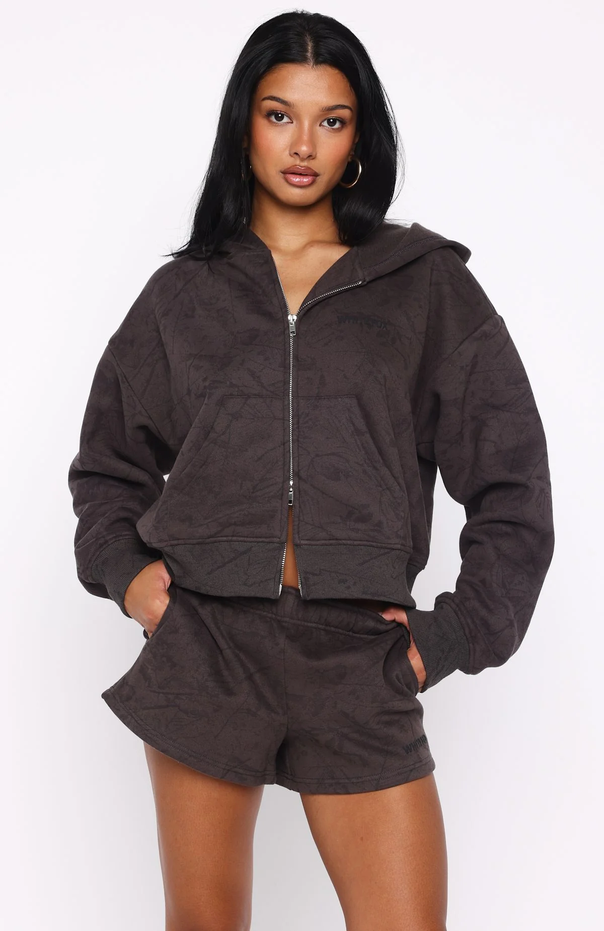 Hiding Away Boxy Zip Front Hoodie Dark Camo - White Fox Boutique
