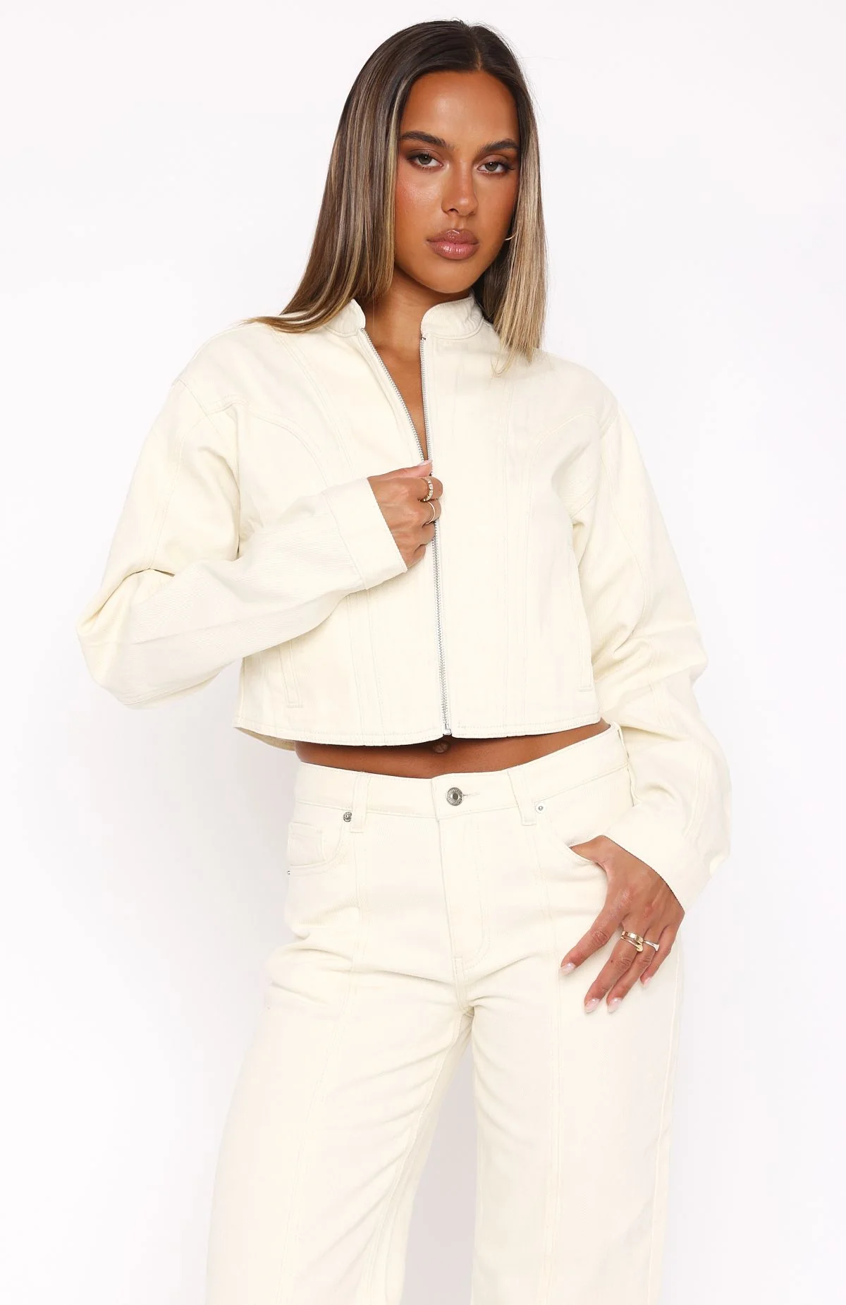 Leah Cropped Denim Jacket Cream - White Fox Boutique
