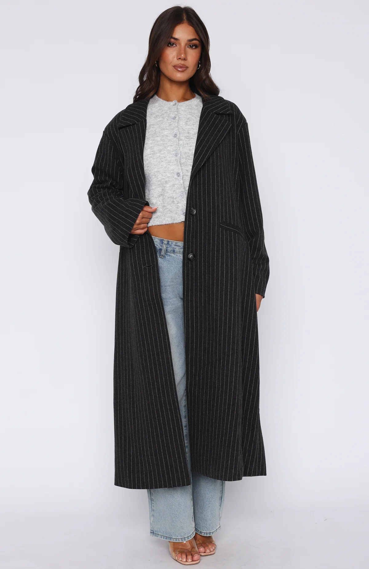 Walk By Me Oversized Coat Charcoal Pinstripe - White Fox Boutique