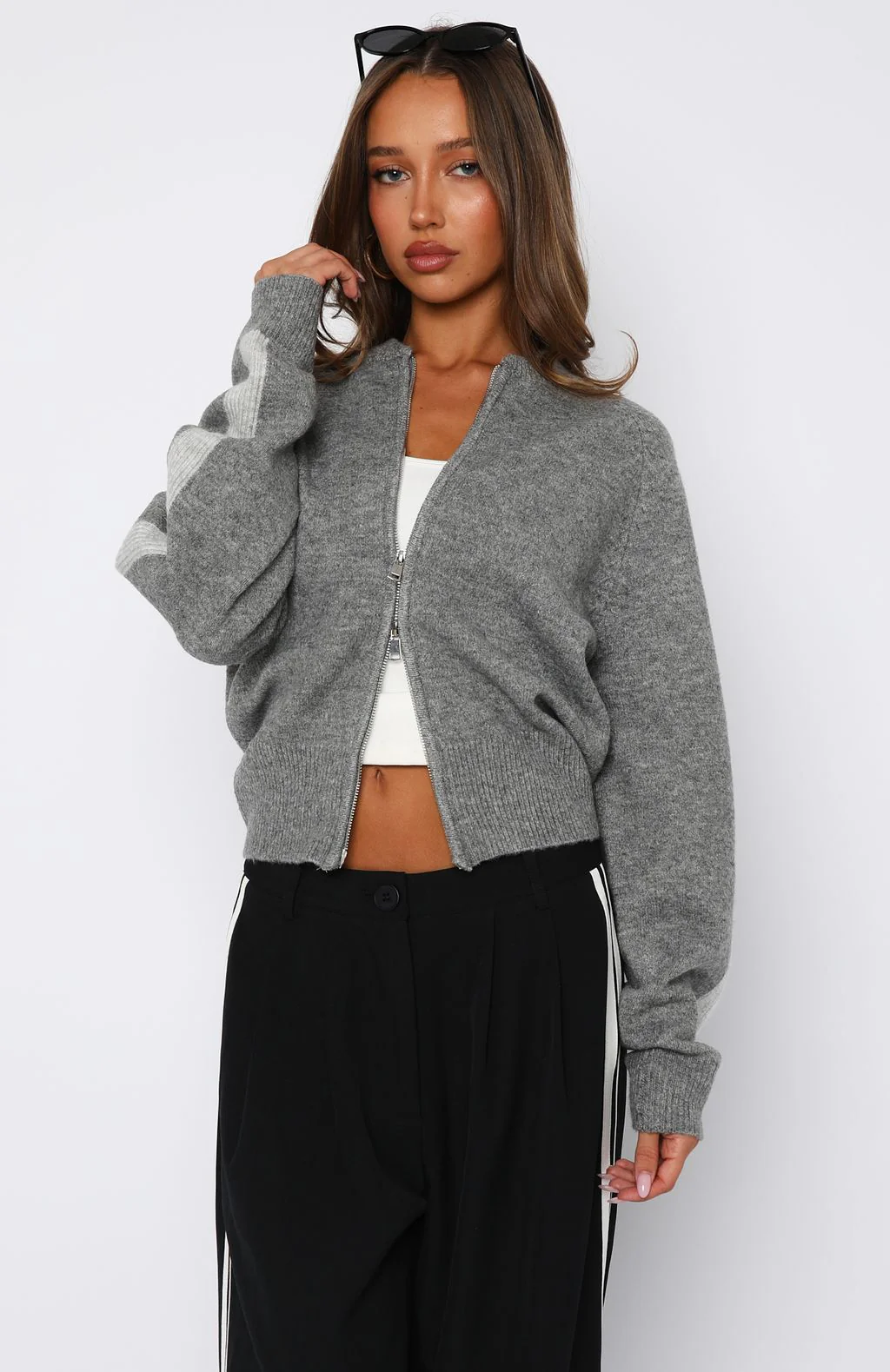 Stripe Me Down Knit Jacket Charcoal/Grey - White Fox Boutique
