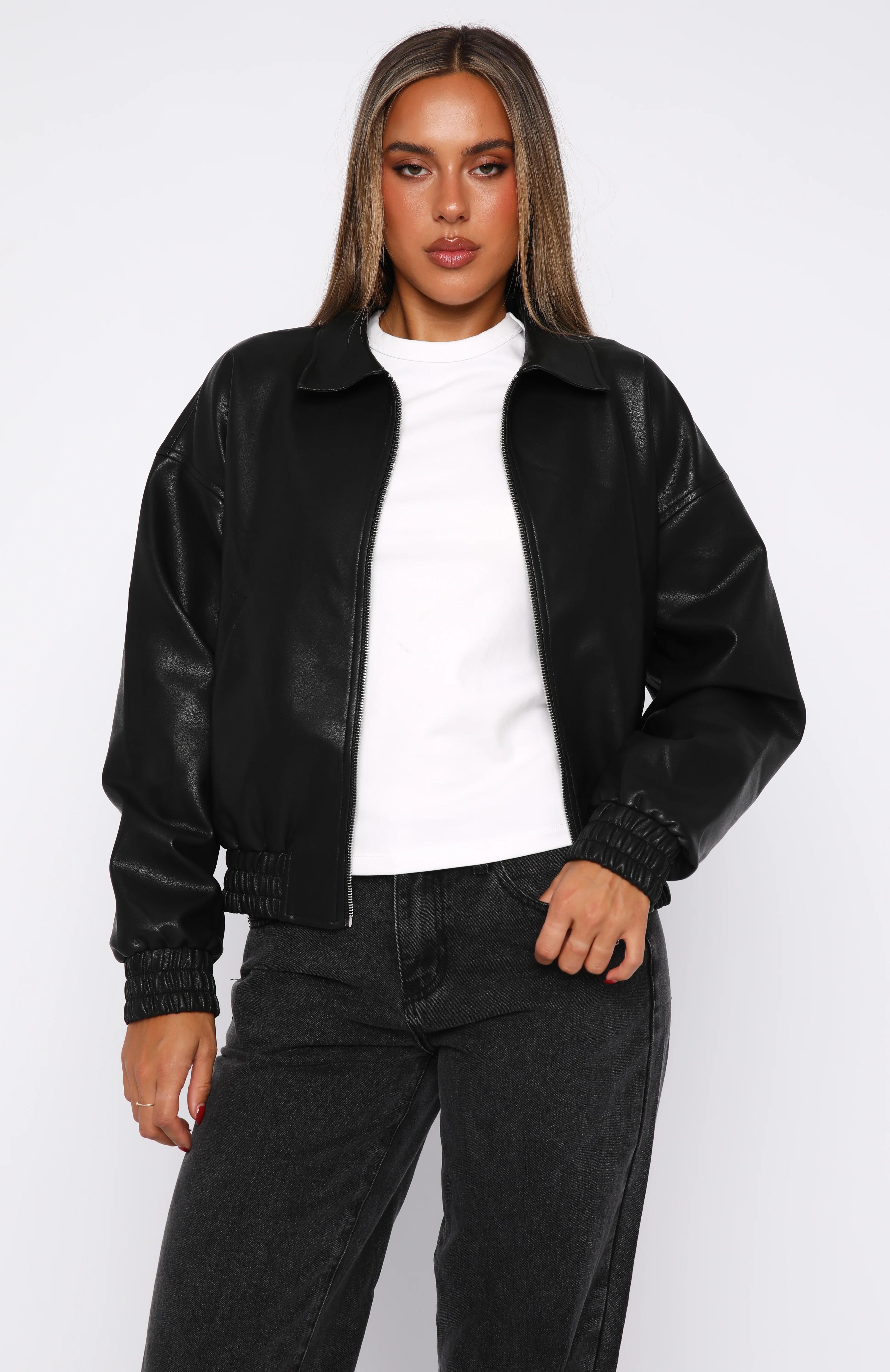 Might Cause Trouble PU Bomber Jacket Black - White Fox Boutique