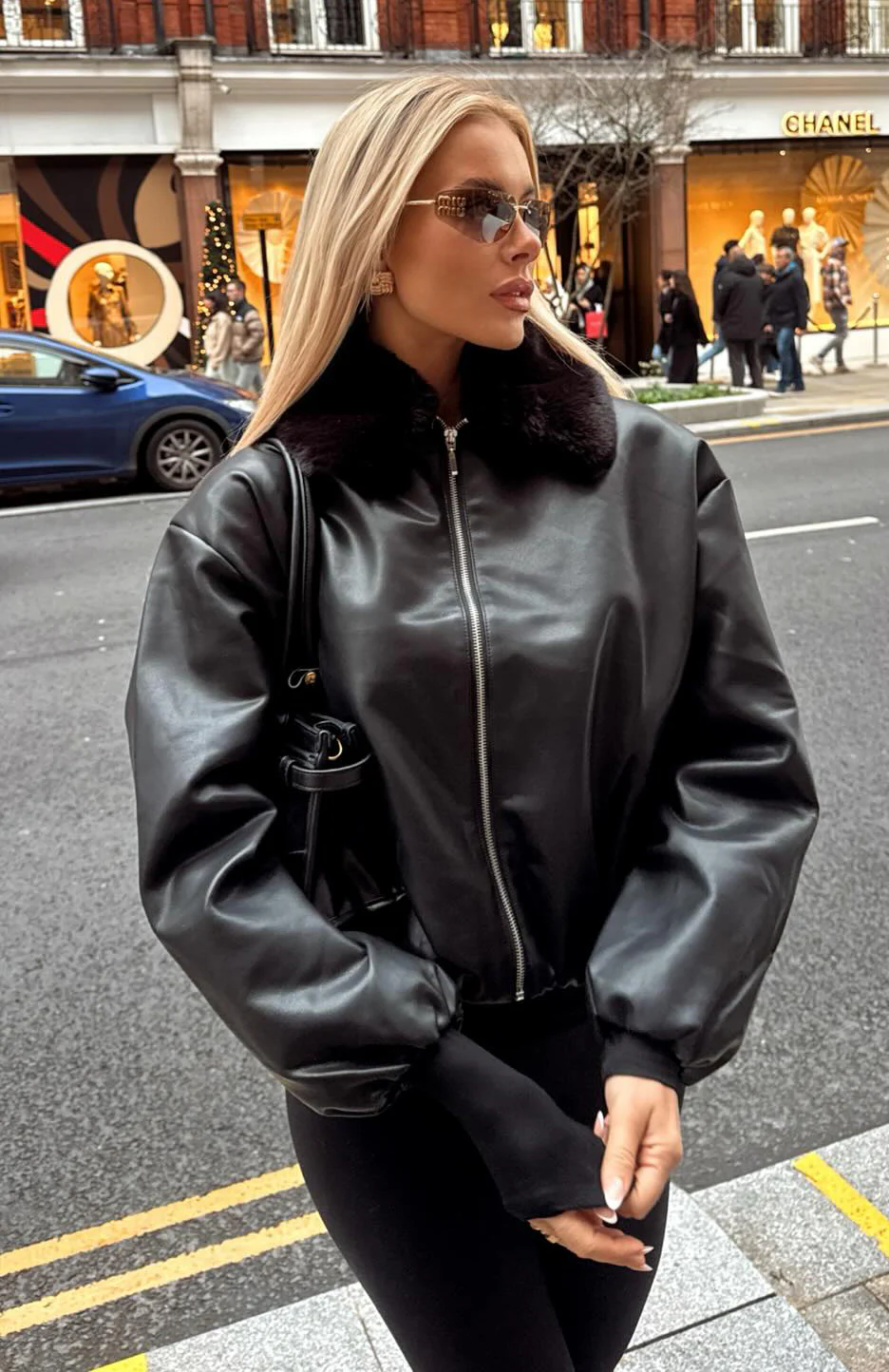 No Competition Pu Bomber Jacket Black - White Fox Boutique