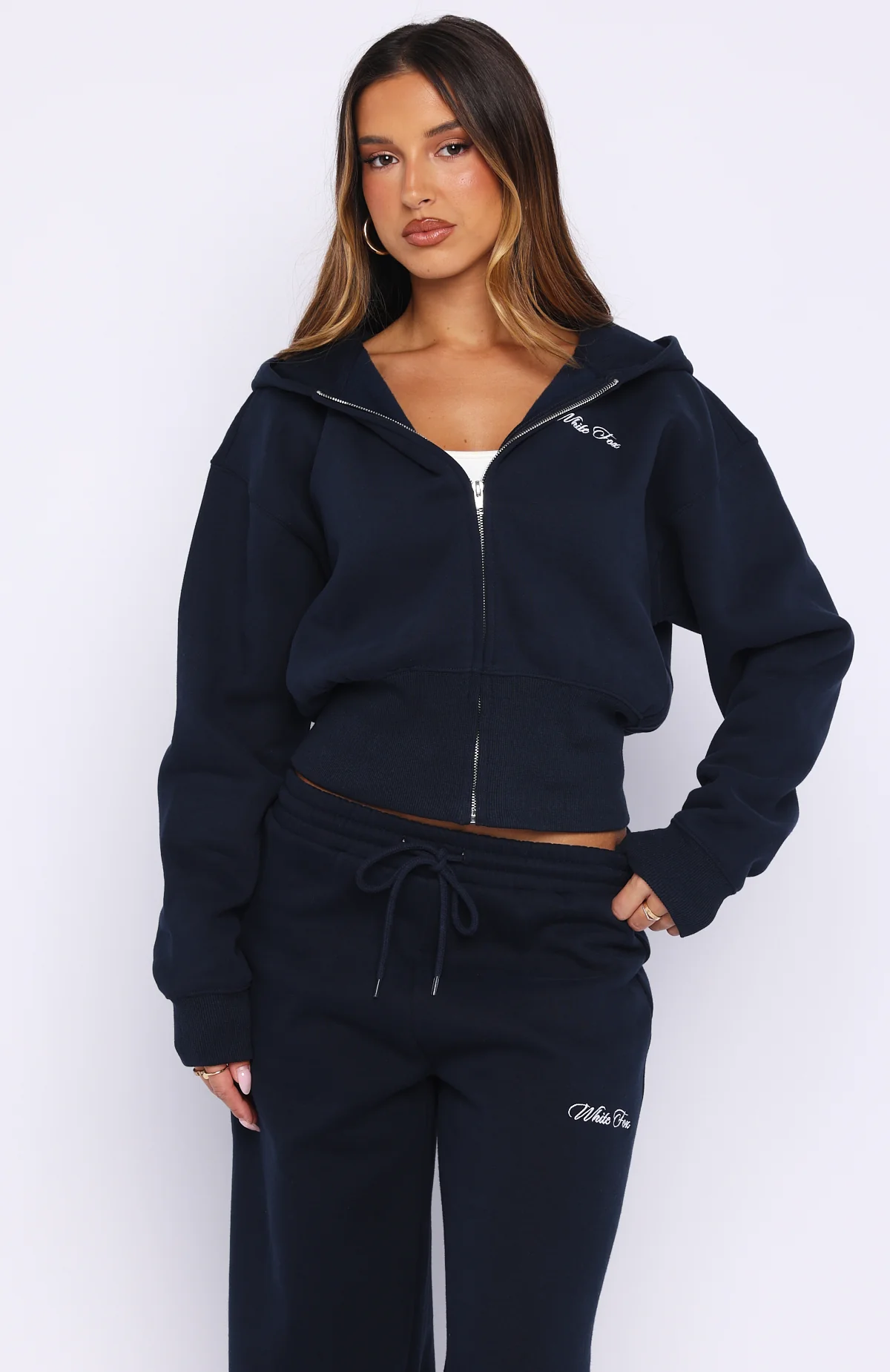 Wishing For It Cropped Cinched Zip Front Hoodie Navy - White Fox Boutique