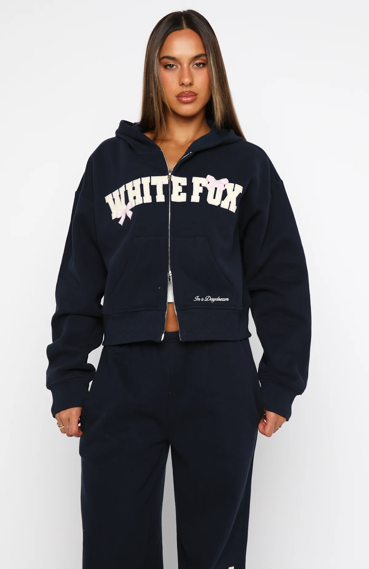 Daydreamers Madeline Boxy Zip Front Hoodie Navy - White Fox Boutique
