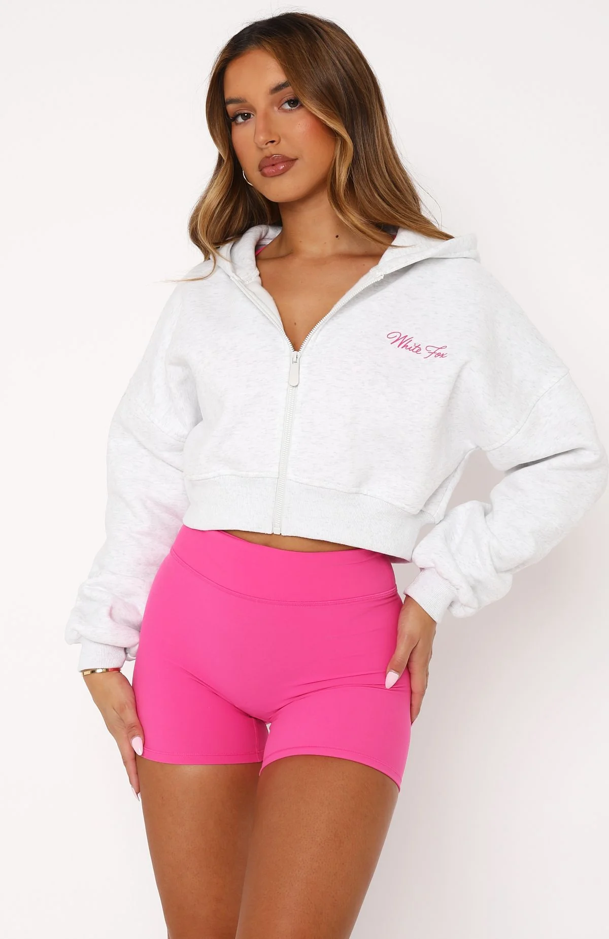 Stepping Out Cropped Hoodie Grey Marle/Pink - White Fox Boutique