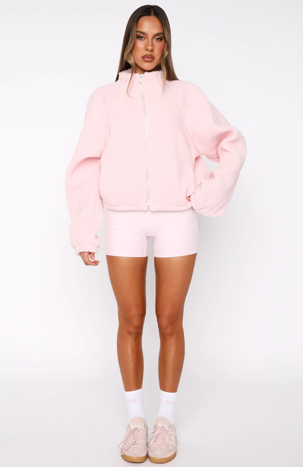 Up The Hill Teddy Zip Up Jacket Ballet Pink - White Fox Boutique
