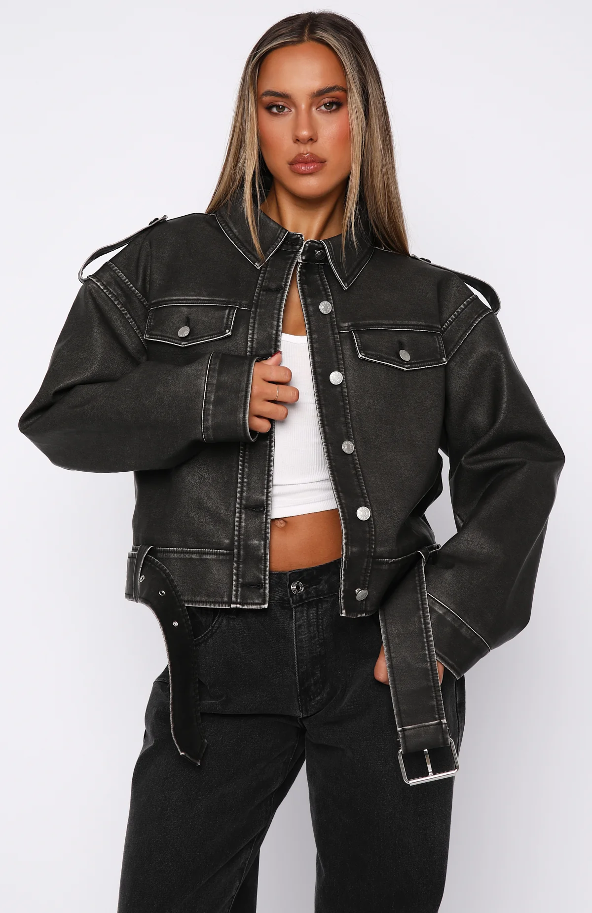 In This World PU Biker Jacket Charcoal Wash - White Fox Boutique