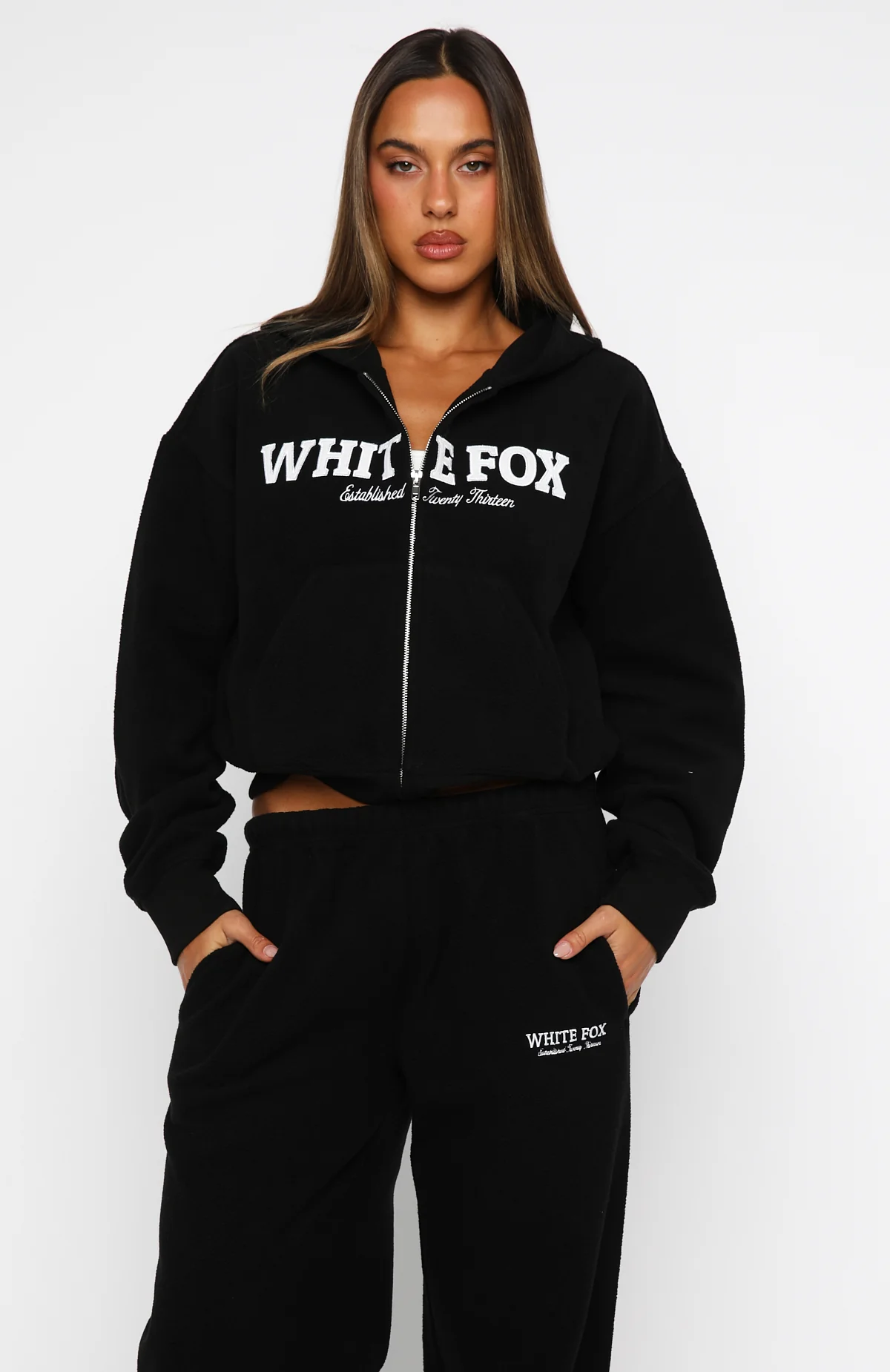 Just For Now Fleece Boxy Zip Front Hoodie Black - White Fox Boutique