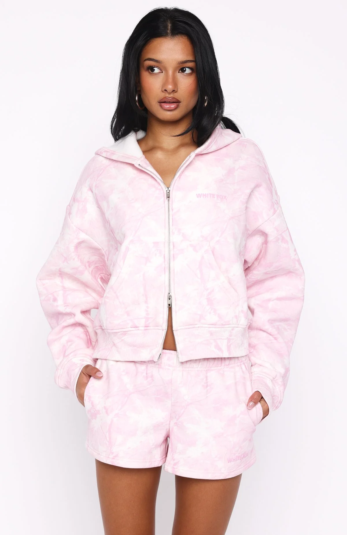 Hiding Away Boxy Zip Front Hoodie Pink Camo - White Fox Boutique