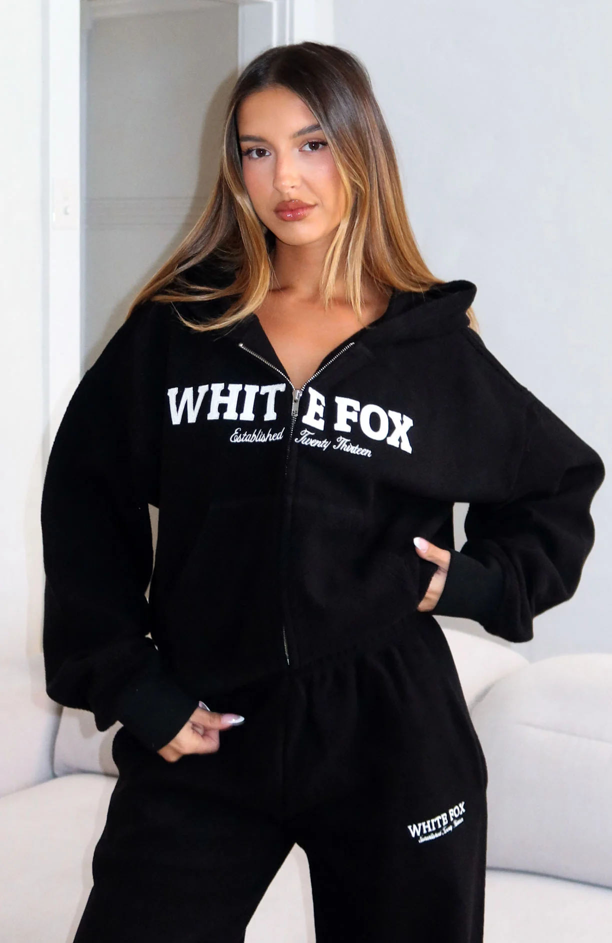 Just For Now Fleece Boxy Zip Front Hoodie Black - White Fox Boutique